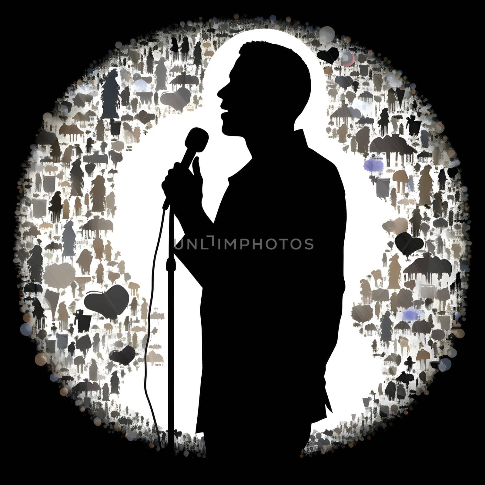 Vector illustration of a singer man in black silhouette against a clean white background, capturing graceful forms.