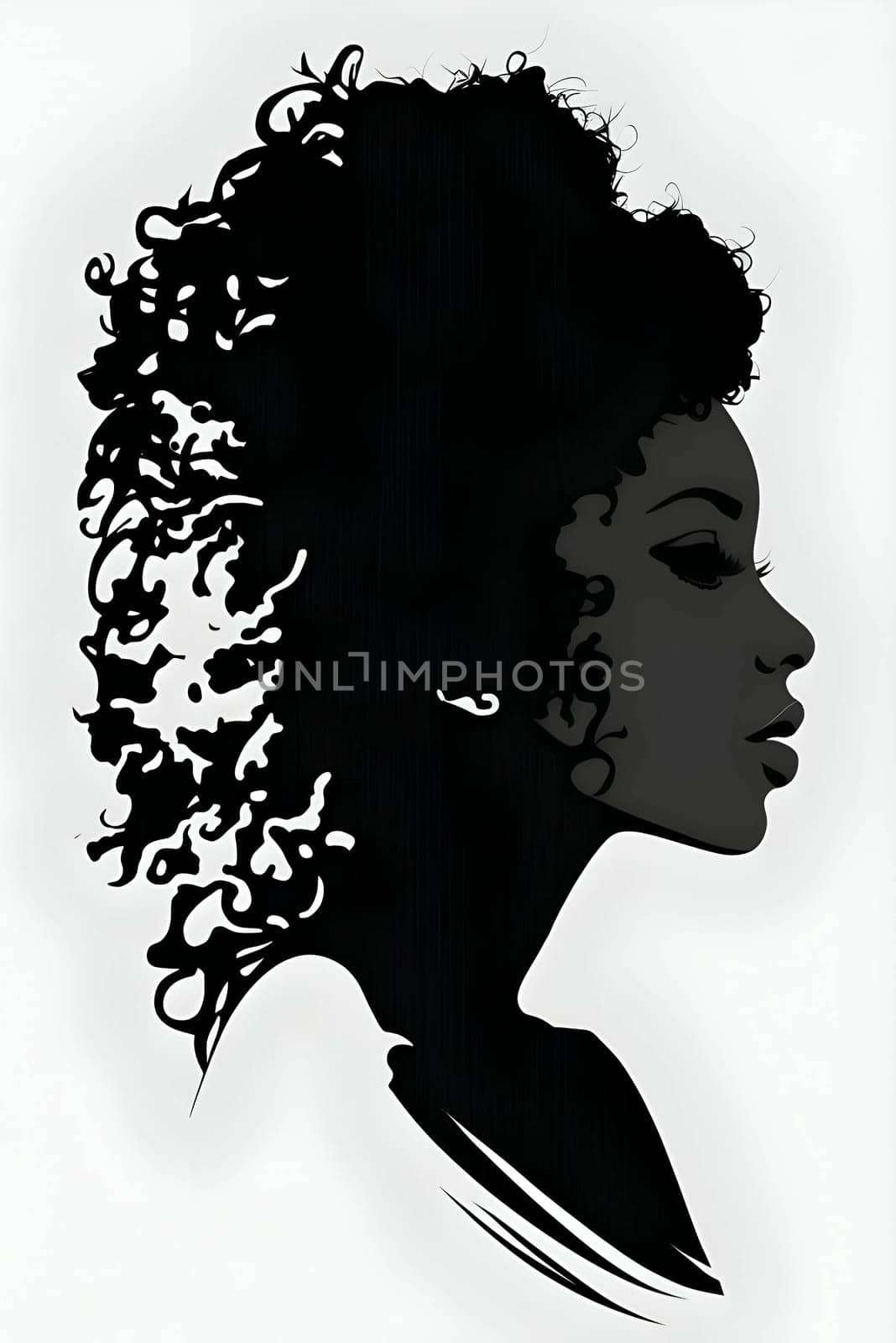 Vector illustration of a woman portrait in black silhouette against a clean white background, capturing graceful forms.