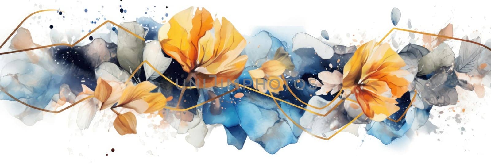 Abstract luxury floral watercolor banner with elegance elements and splashes. Golden line with blue and gold flower decorated and line arrangement with white background. Elegant design concept. AIG35.