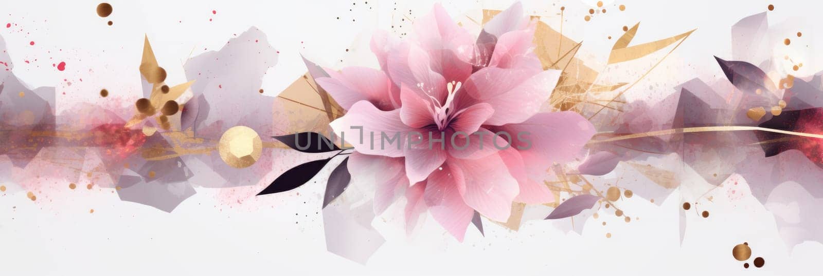 Abstract geometric watercolor banner with dynamic shapes and splatters. Pink flower and leaves line arrangement or composition with white background. Modern art concept for creative design. AIG35.