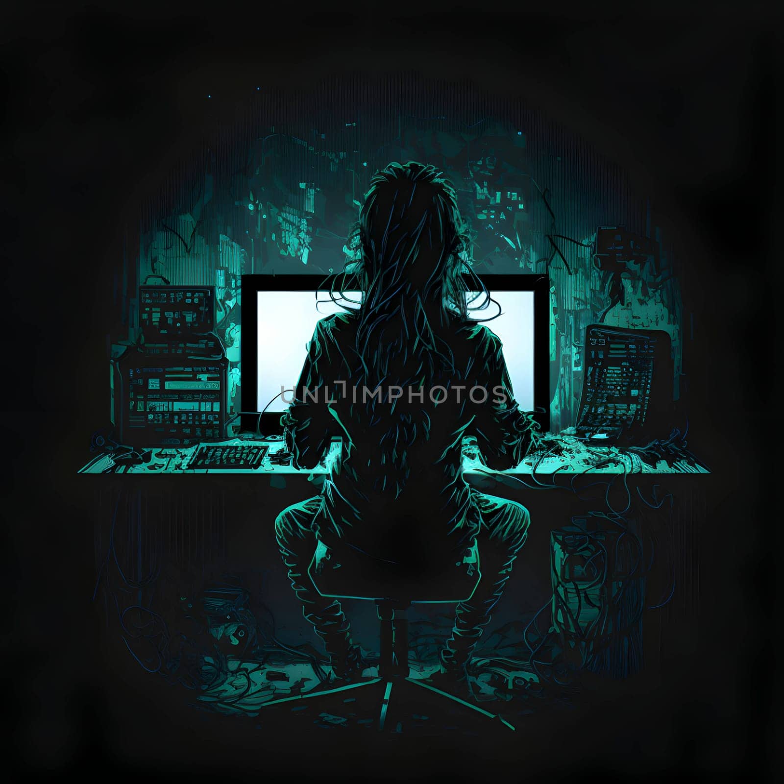 Vector illustration of a girl in front of the monitor in black silhouette against a clean green background, capturing graceful forms.