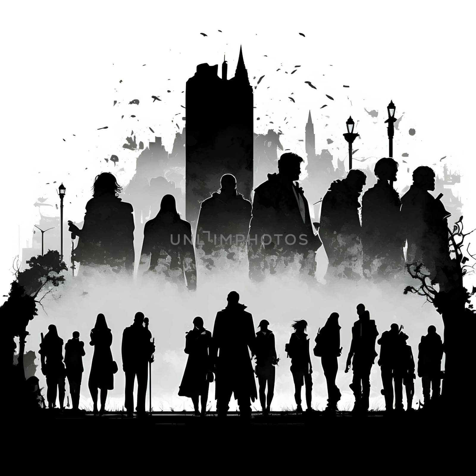 Vector illustration of group of people in the city in black silhouette against a clean white background, capturing graceful forms.