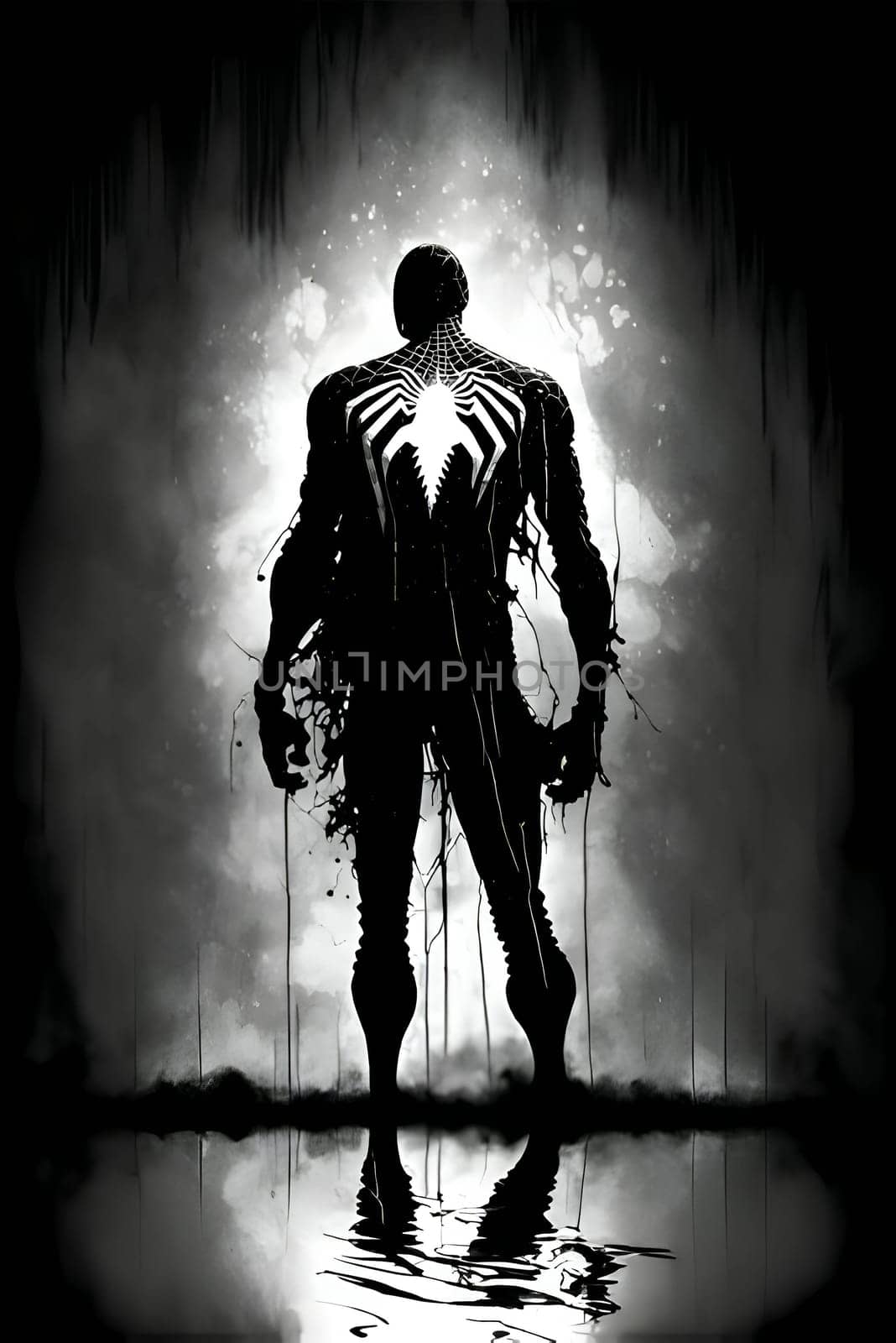 Vector illustration of a spider man in black silhouette against a clean white background, capturing graceful forms.