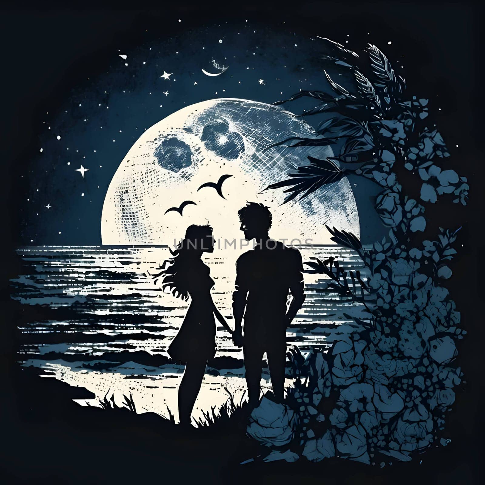 Vector illustration of couple on the beach in black silhouette against a clean sea background, capturing graceful forms.