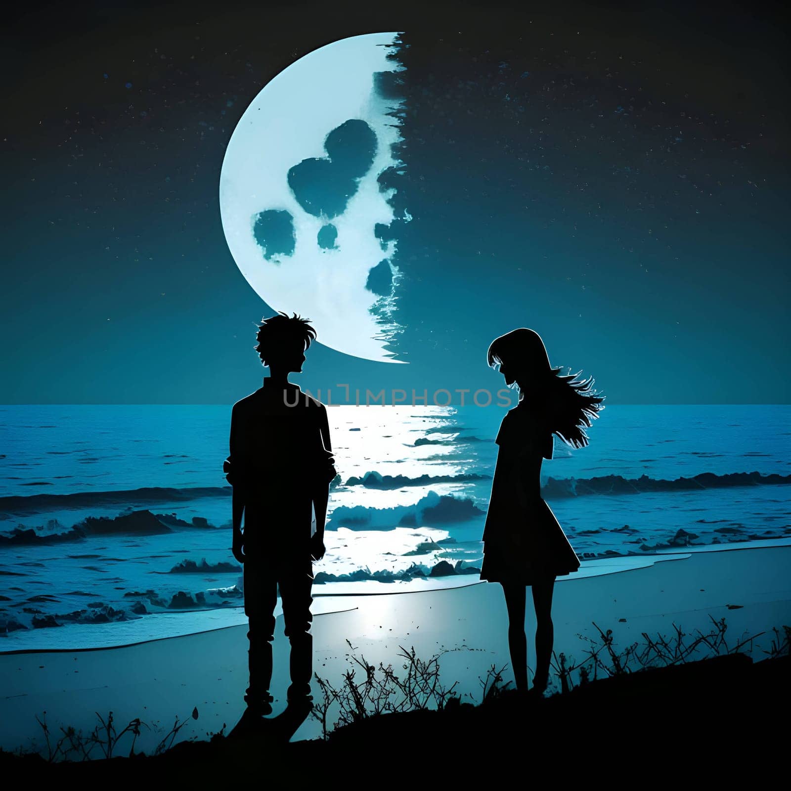 Vector illustration of couple on the beach in black silhouette against a clean sea background, capturing graceful forms.