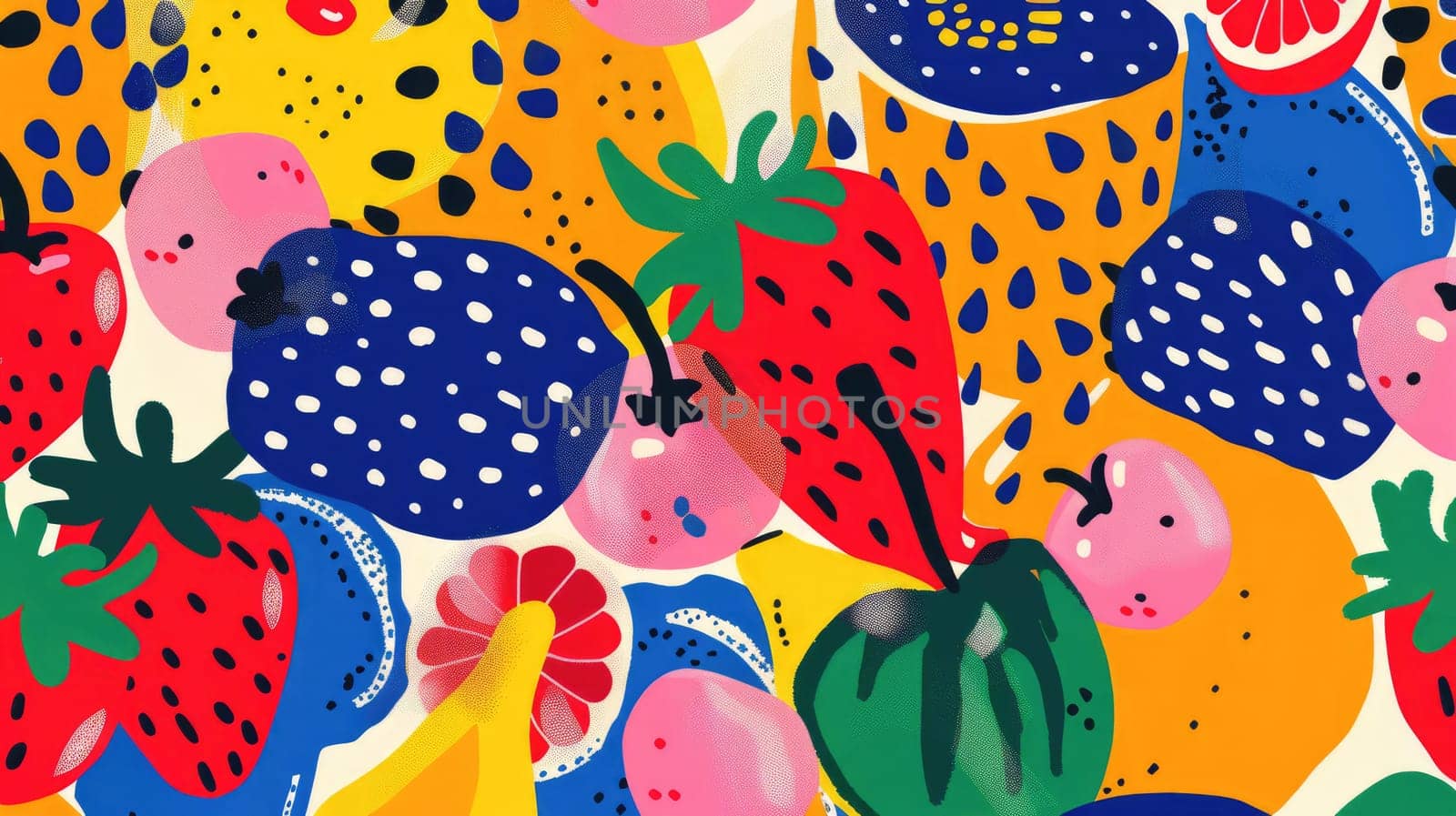 A creative art piece showcasing colorful fruit including watermelon Citrullus on a vibrant blue background. The artwork features a pattern of circles and vibrant colors AIG50