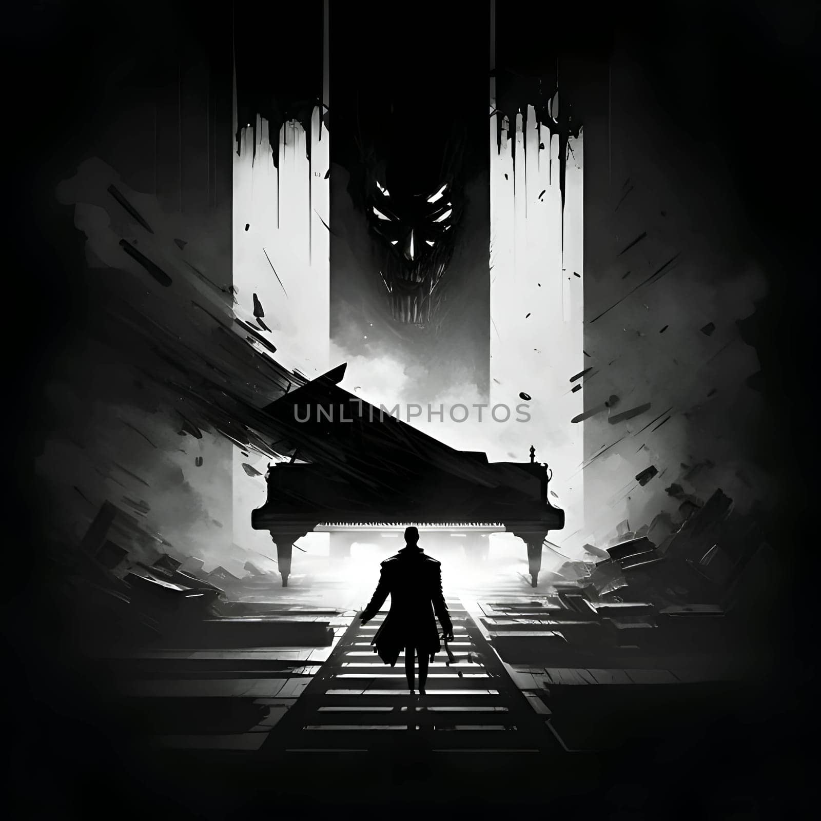 Vector illustration of a man and a piano in black silhouette against a clean gloomy background, capturing graceful forms.