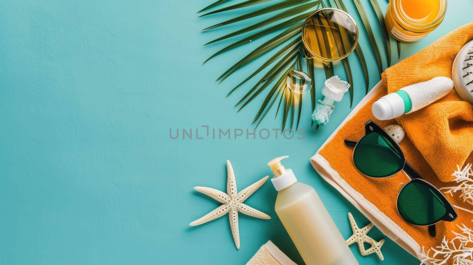 A plastic bottle of sunscreen, stylish sunglasses, a soft towel, and colorful seashells placed on an electric blue surface resembling a swimming pool AIG50