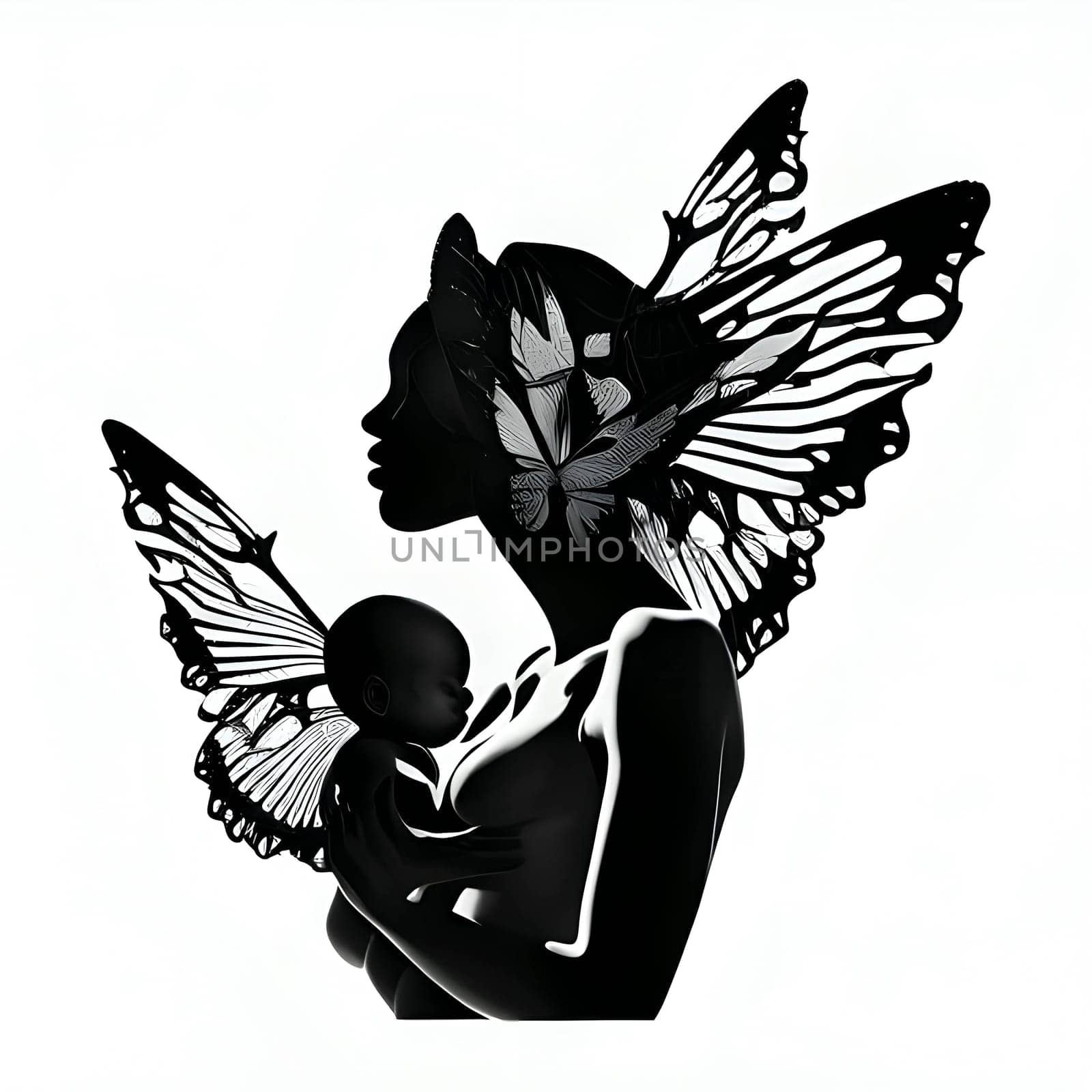 Black silhouette of a woman and baby on white background.