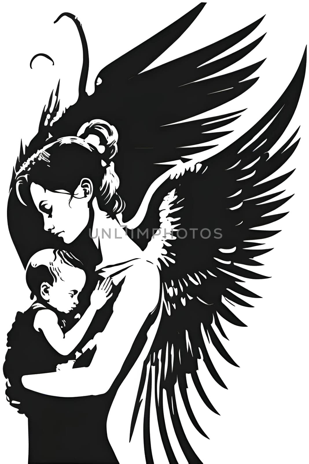 Black silhouette of a woman and baby on white background.