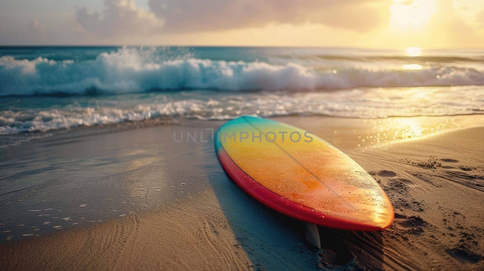 A surfboard rests on the beach as the sun sets, casting a golden glow over the water. The wind waves gently lap at the shore, creating a peaceful and serene natural landscape AIG50