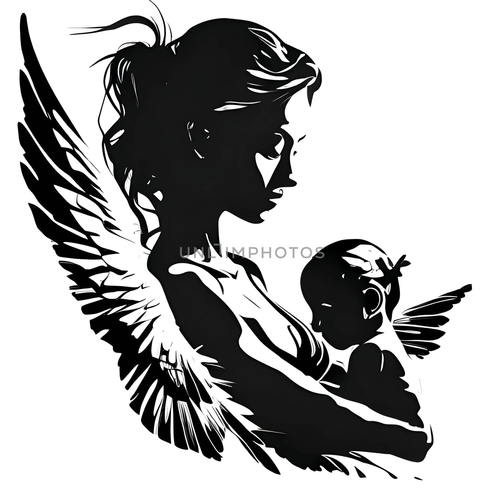 Vector illustration of a woman and baby in black silhouette against a clean white background, capturing graceful forms. by ThemesS