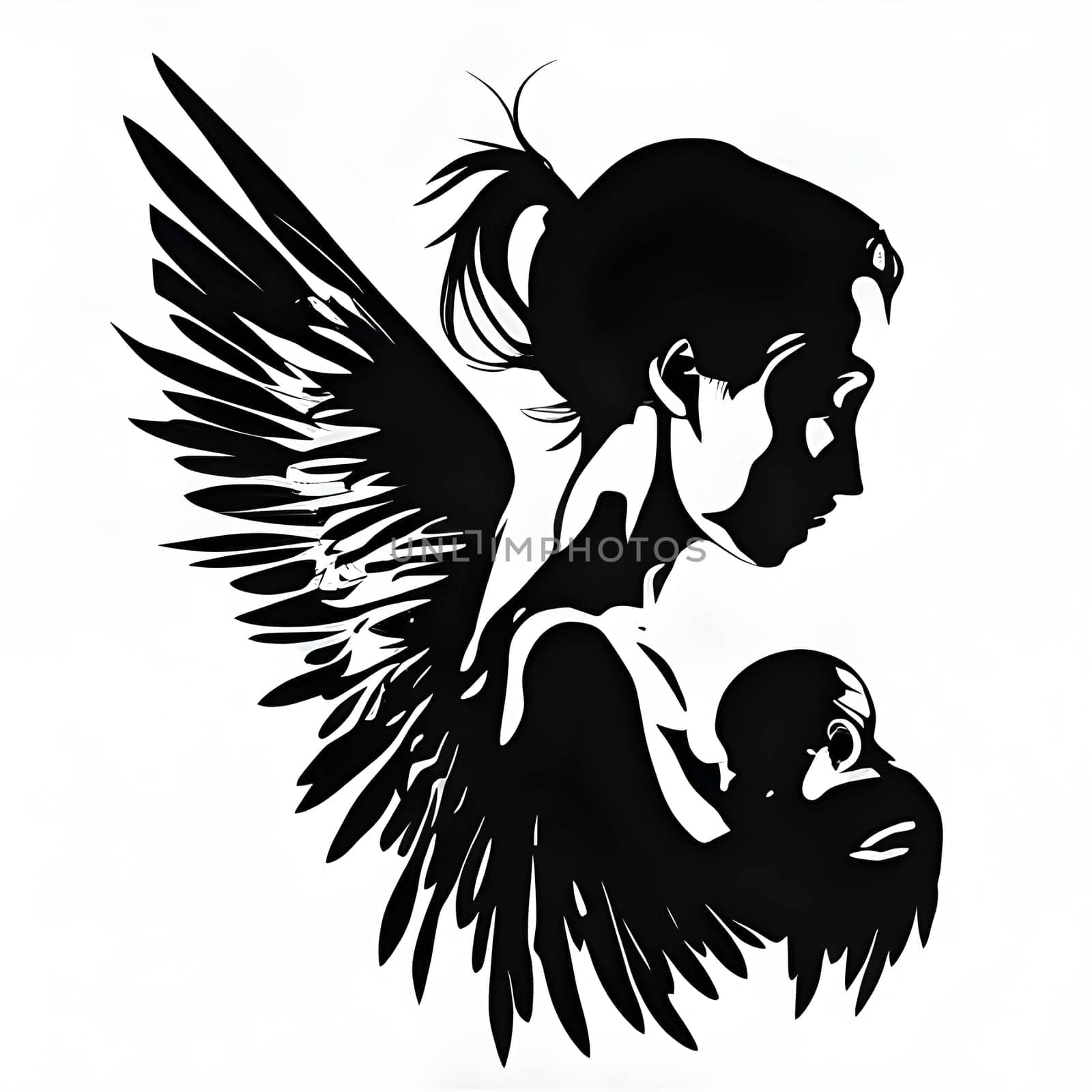 Vector illustration of a woman and baby in black silhouette against a clean white background, capturing graceful forms. by ThemesS