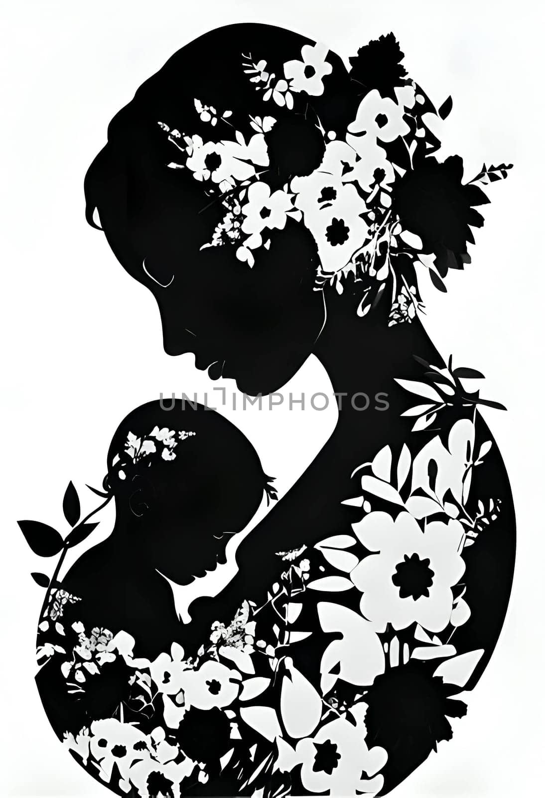 Black silhouette of a woman and baby on white background.