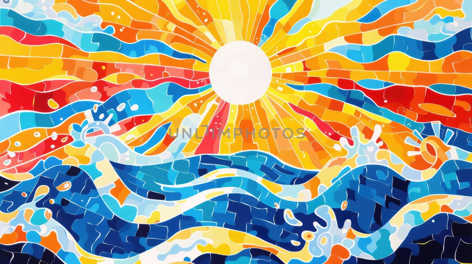 A detailed image capturing the vibrant colors of a rainbow reflecting off a body of water, with patterns resembling wind waves and clouds, depicted in a painting with electric blue hues AIG50