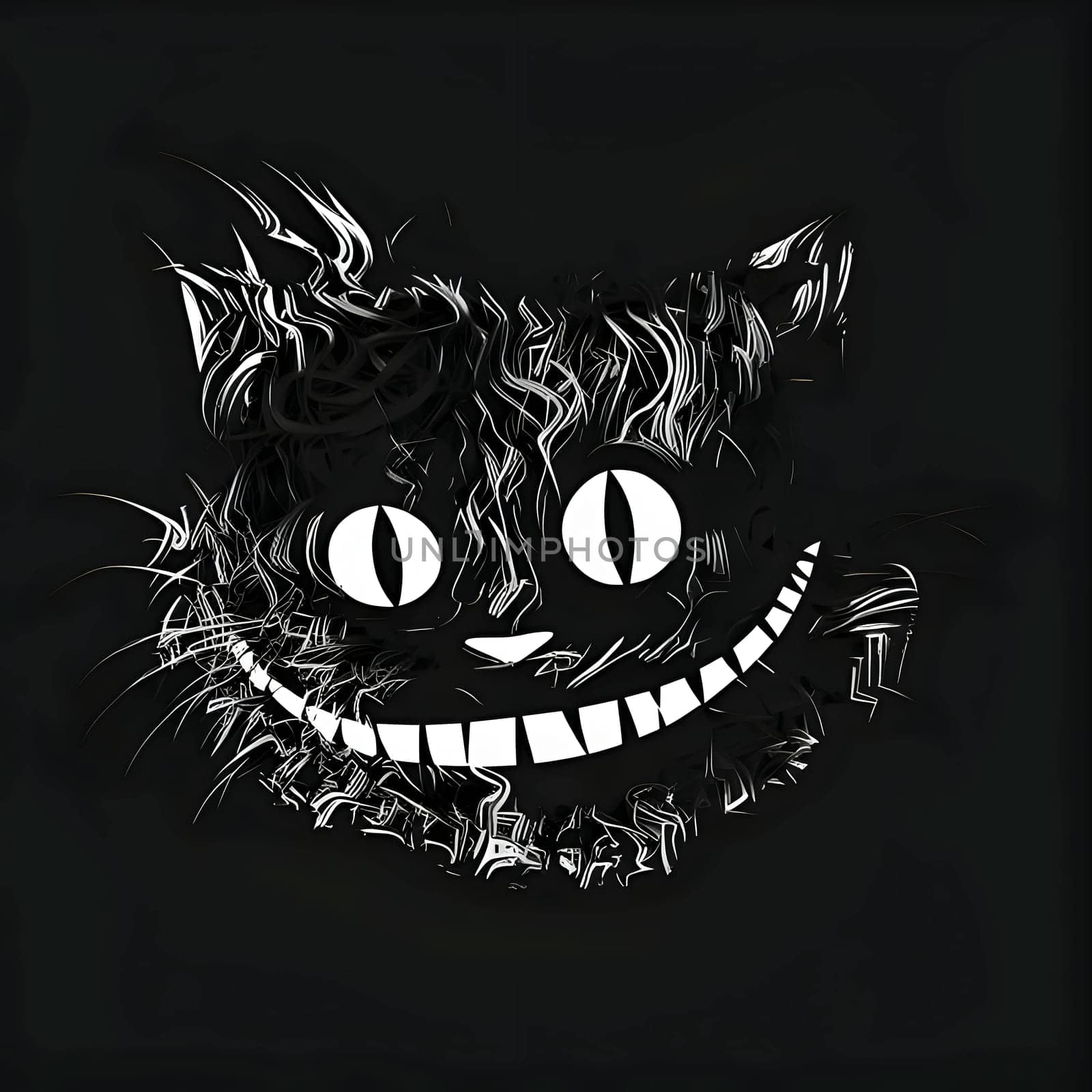 Vector illustration of a scary cat face in black silhouette against a clean dark background, capturing graceful forms.