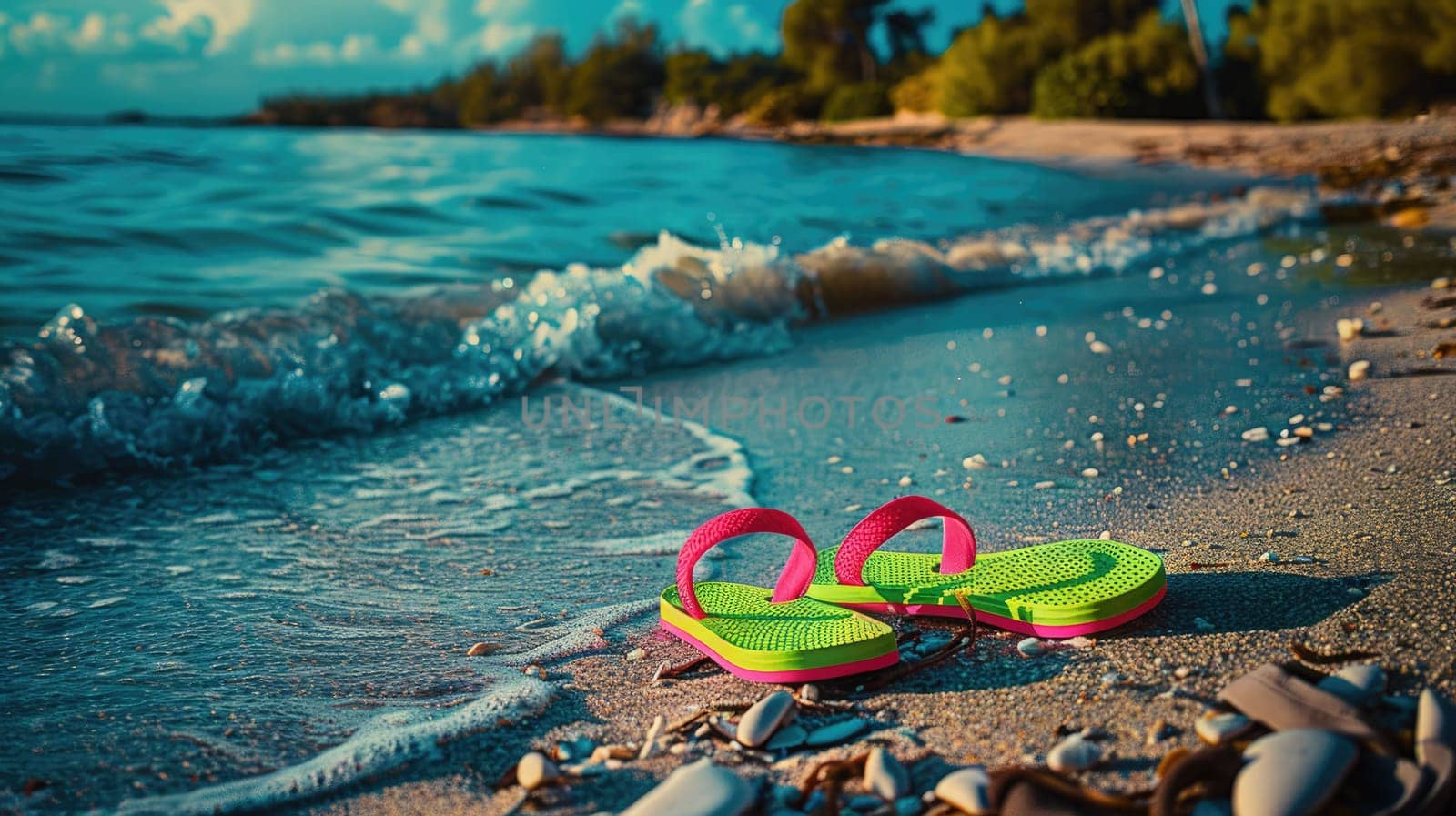 A pair of flip flops in electric blue sit on the beach next to the azure ocean, signifying leisure and happiness in sportswear art AIG50