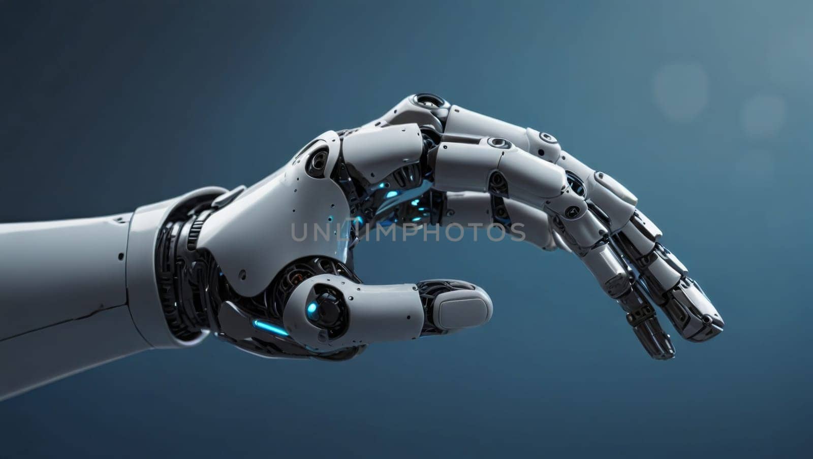 Outstretched robot hand on a blue background. Image created using AI generation.