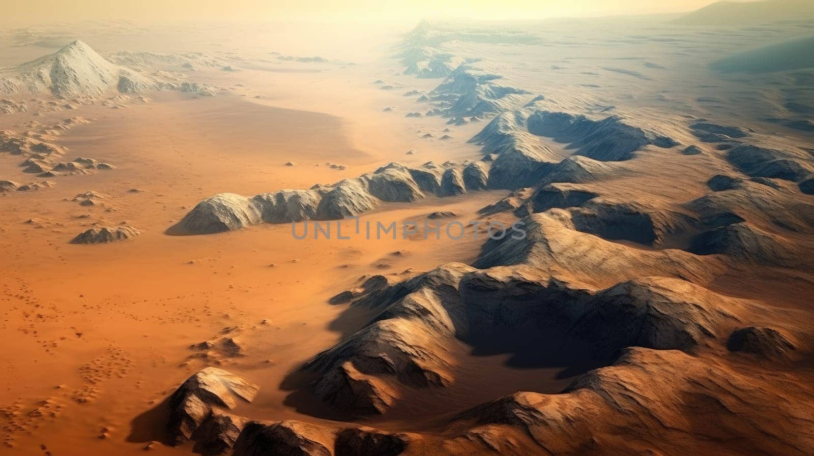 Image of close up of the surface of Mars with red, brown and orange texture with rugged rocks and mountain. Red dessert landscape with rough texture with rock scattering around. Sci-fi concept. AIG35.