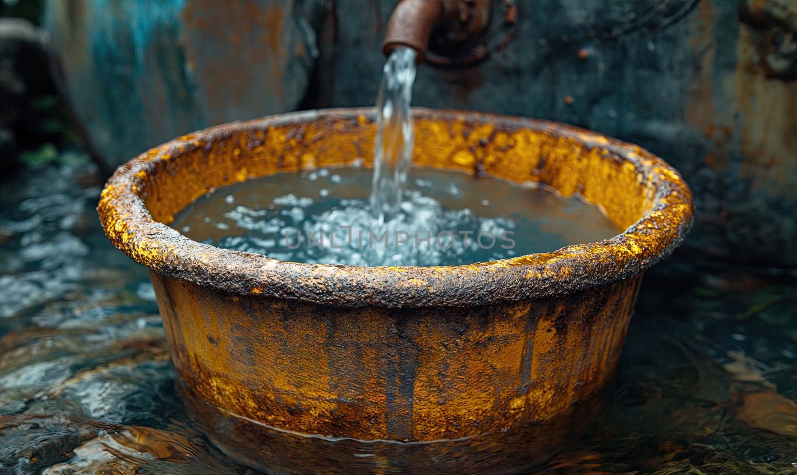Rustic Metal Basin With Flowing Water. Selective focus.