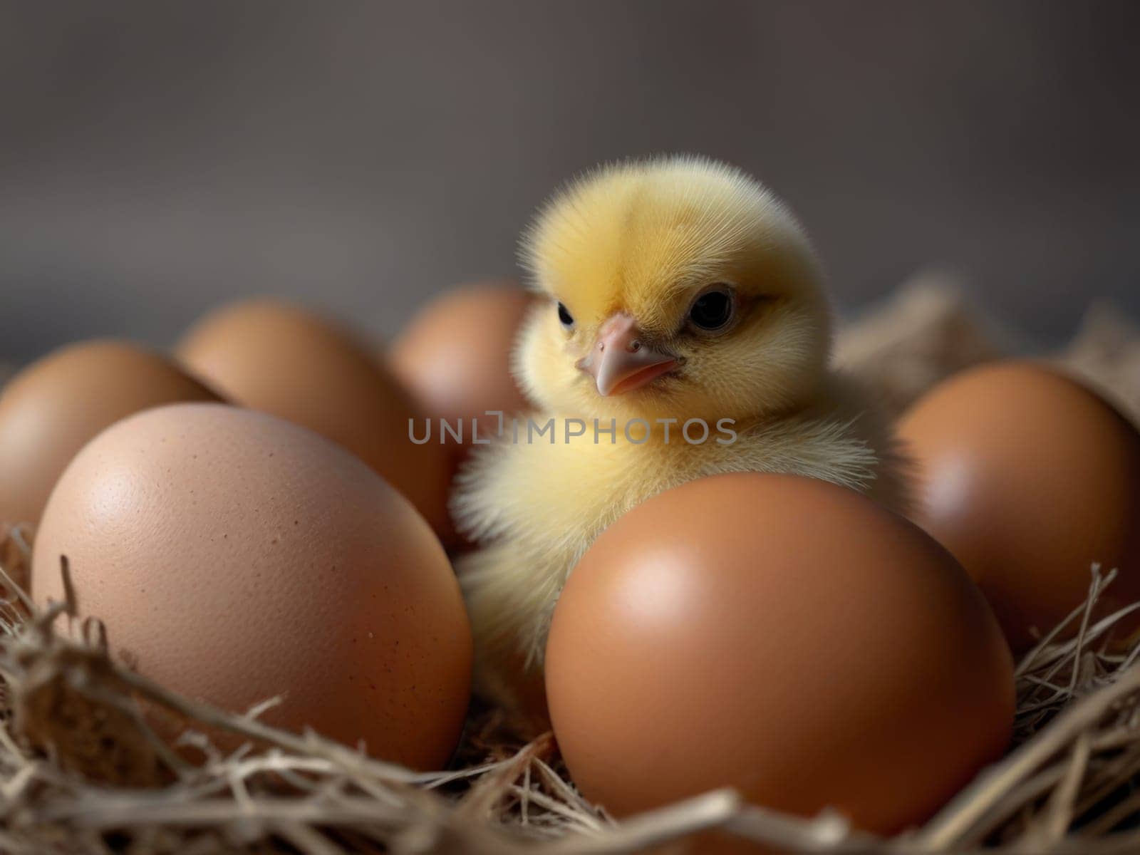 A small chicken chick sits in a nest surrounded by eggs. Generative AI
