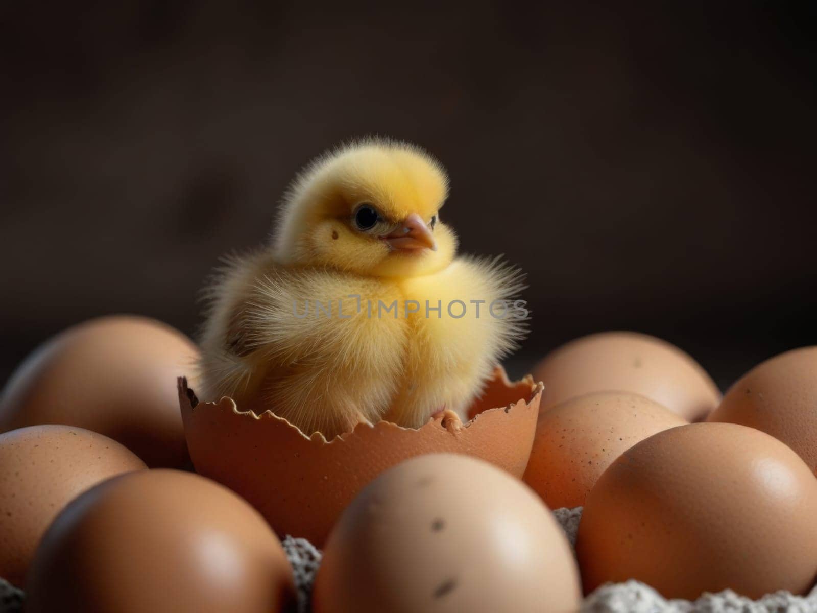 A newly born chick sits inside an egg shell. Generative AI