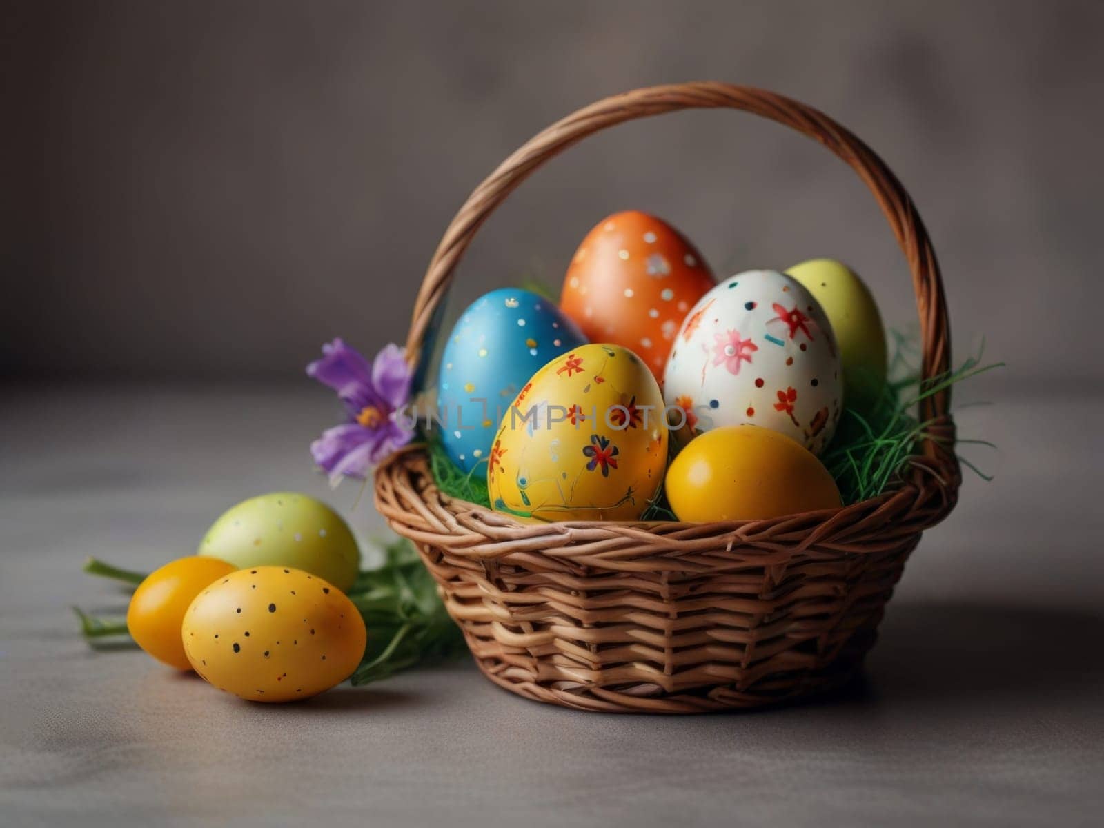 Painted Easter eggs in a basket on the table. Generative AI