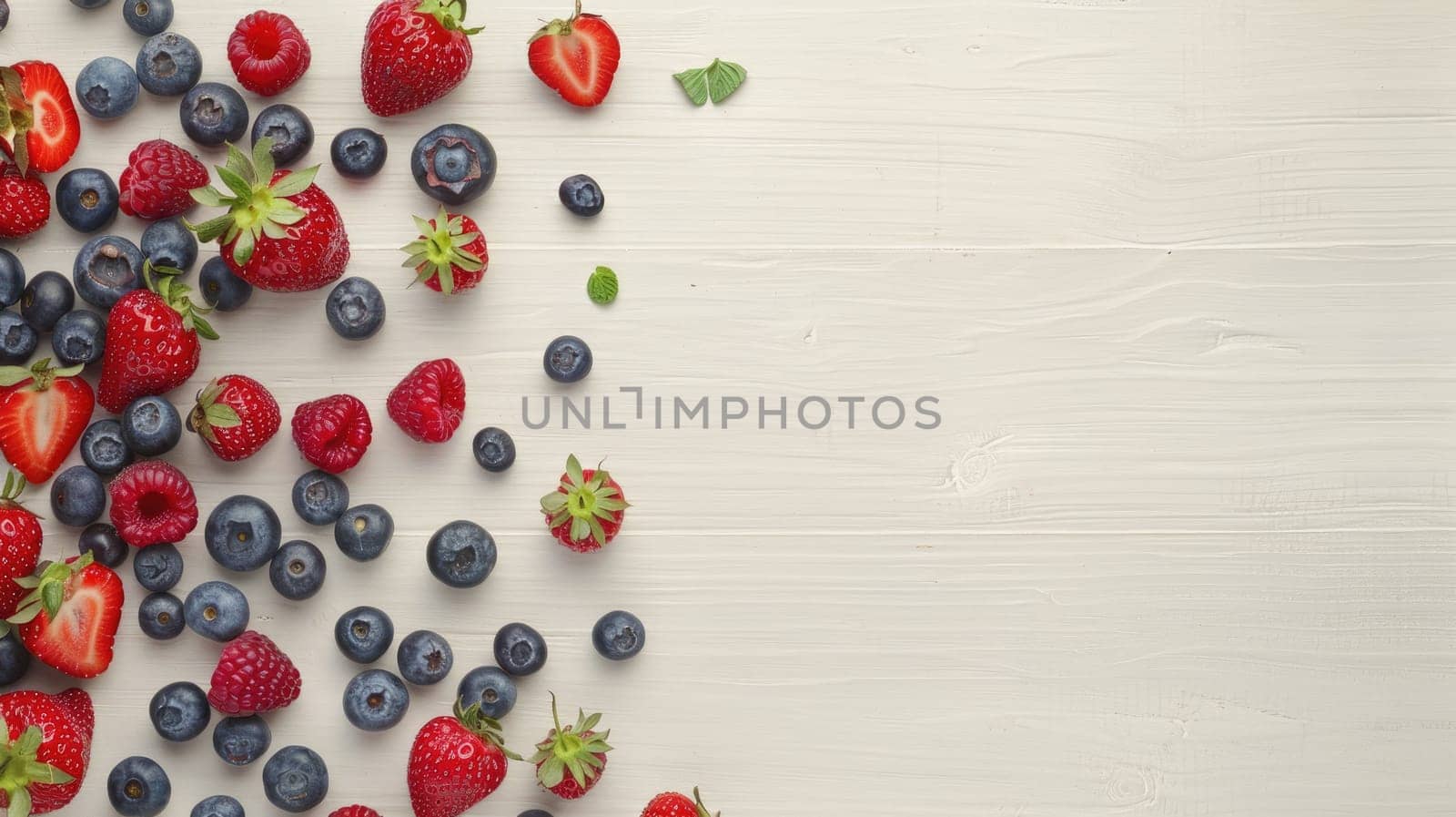 Fresh strawberries, raspberries, blueberries, and mint are beautifully displayed on a white wooden table. These vibrant natural foods are perfect ingredients for a berry cake recipe AIG50
