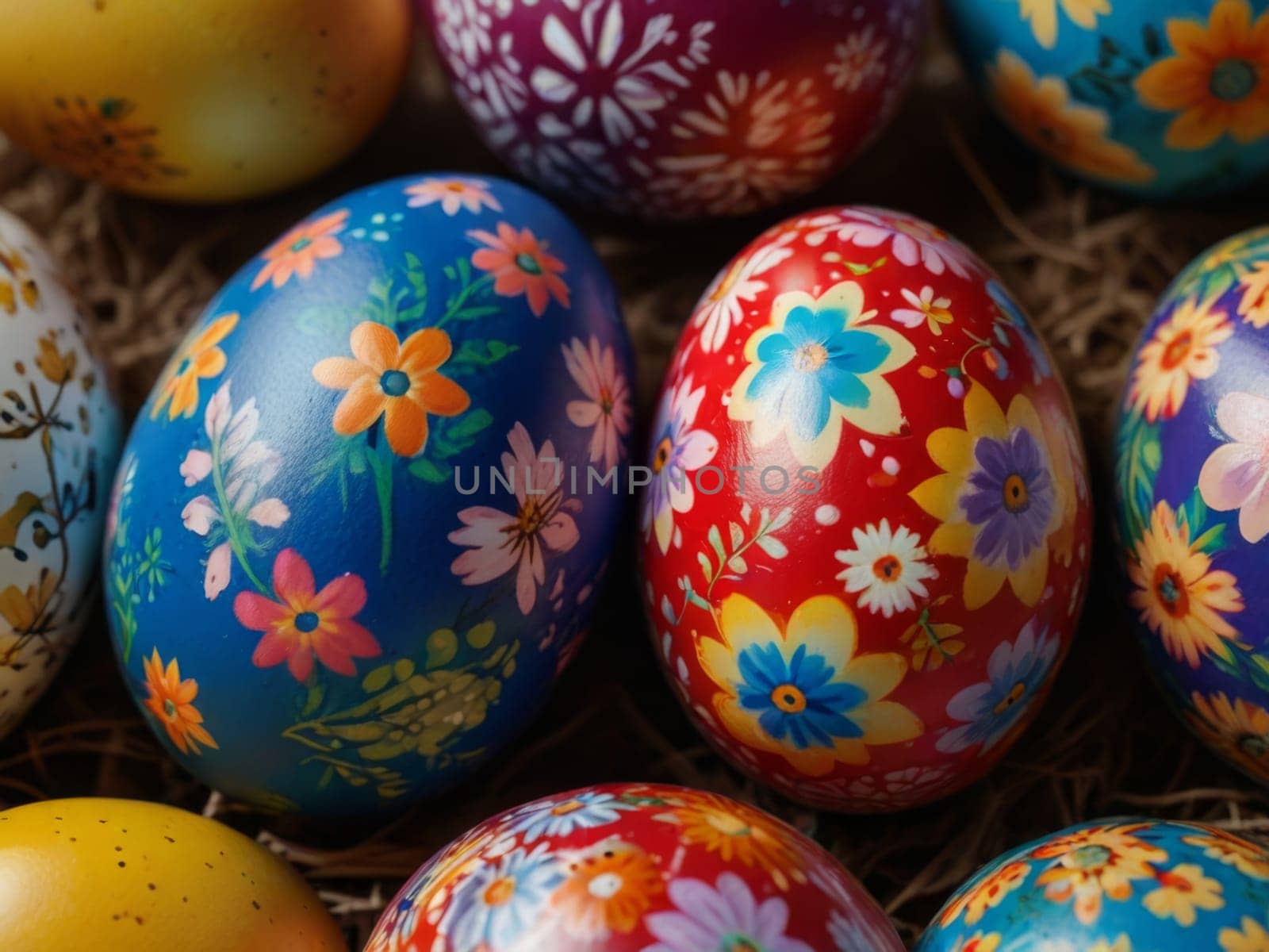 Bright painted Easter eggs close-up. Generative Ai by Yurii73