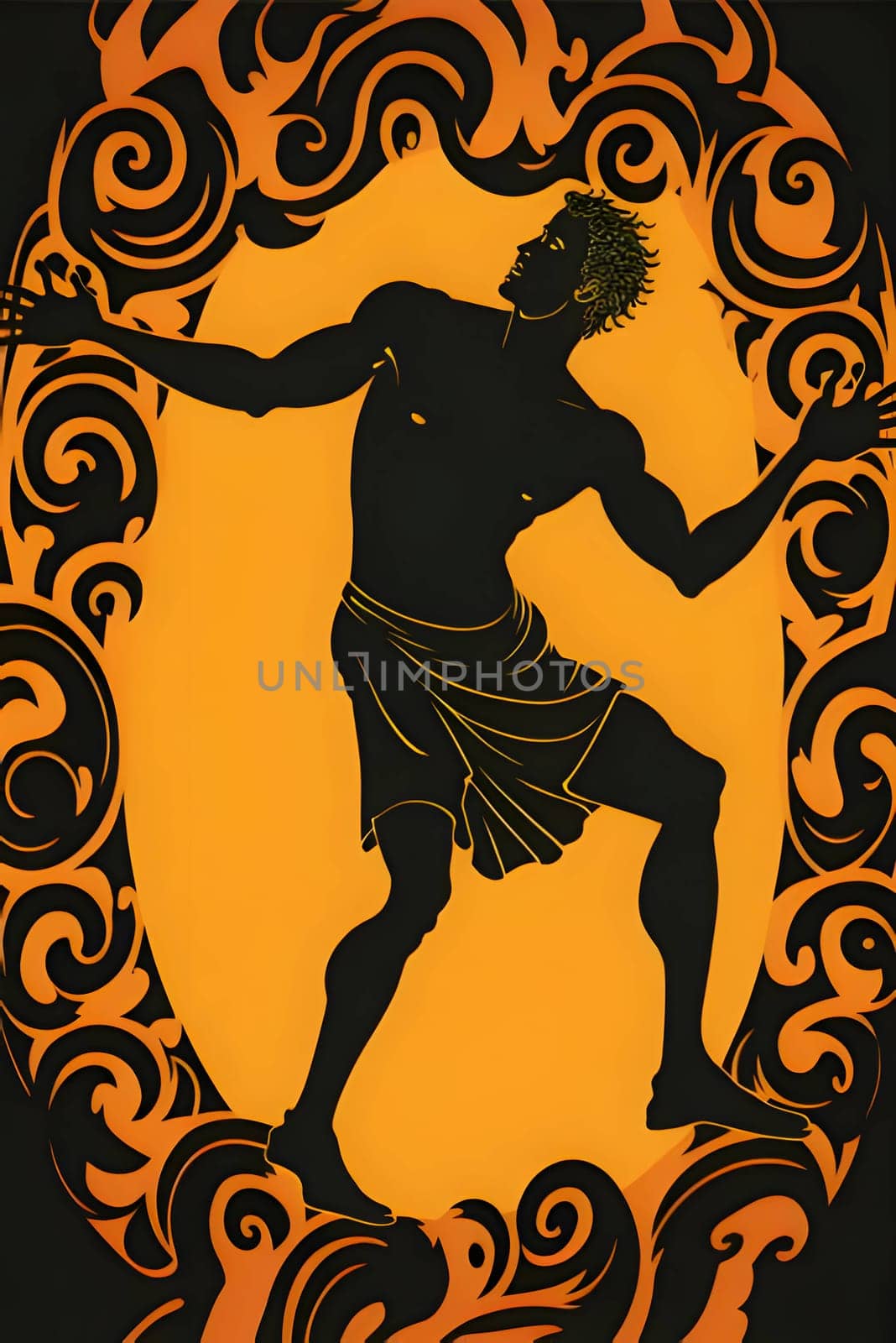 Vector illustration of ancient man in black silhouette against a clean orange background, capturing graceful forms.