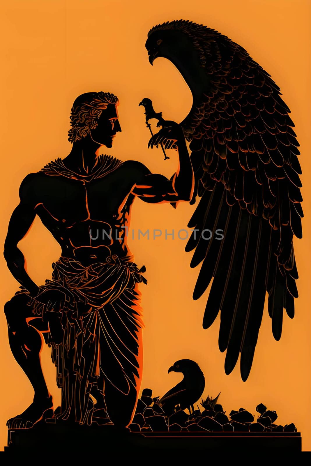 Vector illustration of ancient man in black silhouette against a clean orange background, capturing graceful forms.