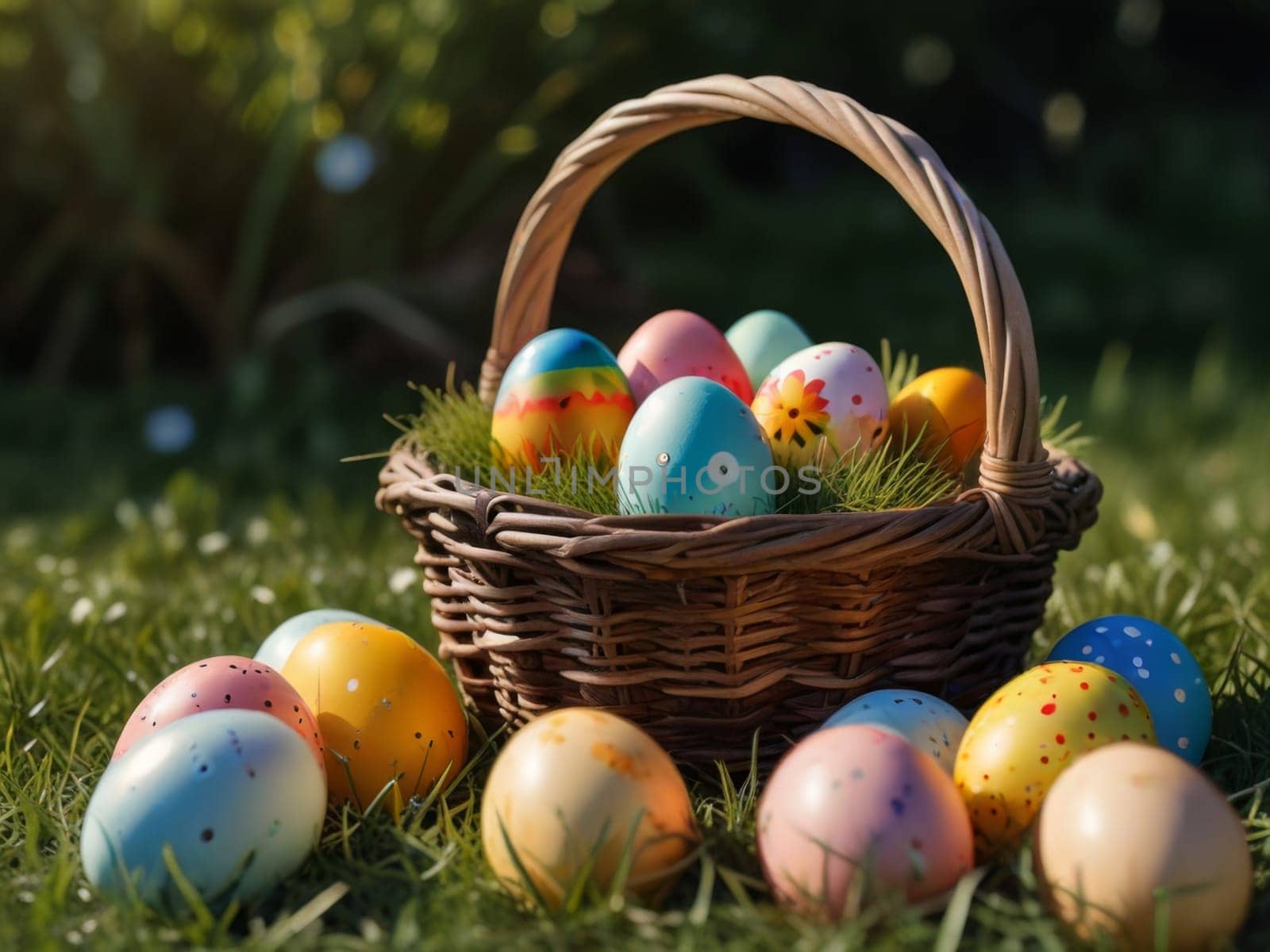Painted Easter eggs in a basket standing in the grass, in the rays of sunlight. Generative AI