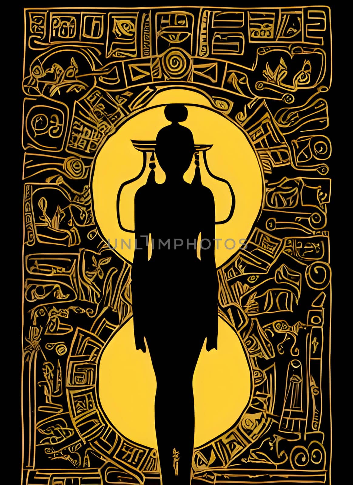 Vector illustration of an ancient egyptian god in black silhouette against a clean yellow and black background, capturing graceful forms.
