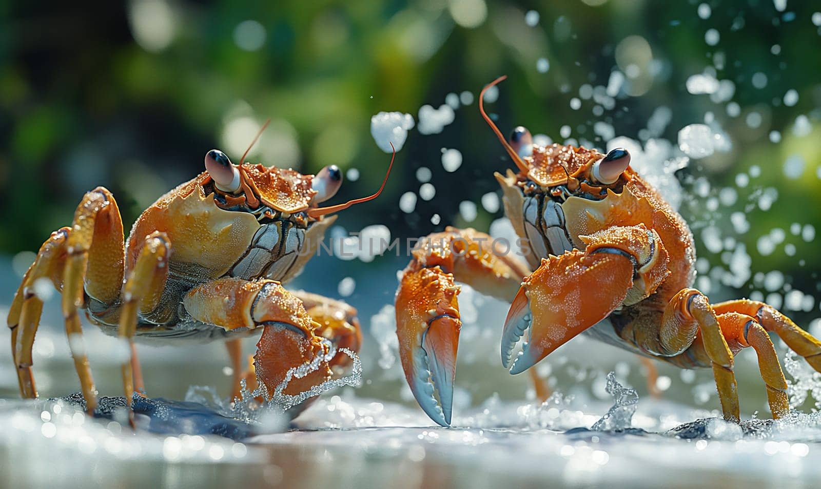 Cartoon, 3D, two crabs walking in the water along the shore. Selective focus.