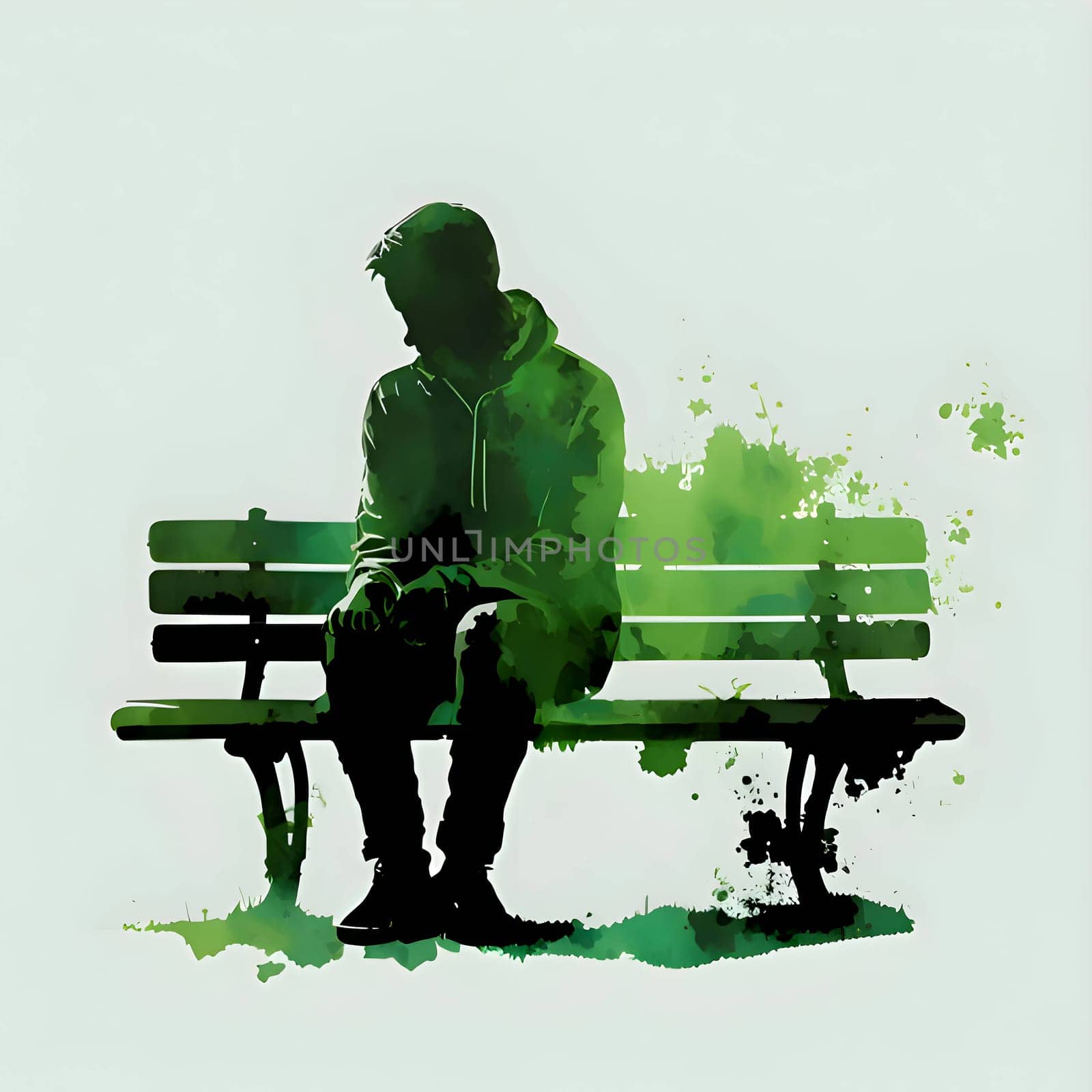 Vector illustration of a man on a bench in green silhouette against a clean white background, capturing graceful forms.