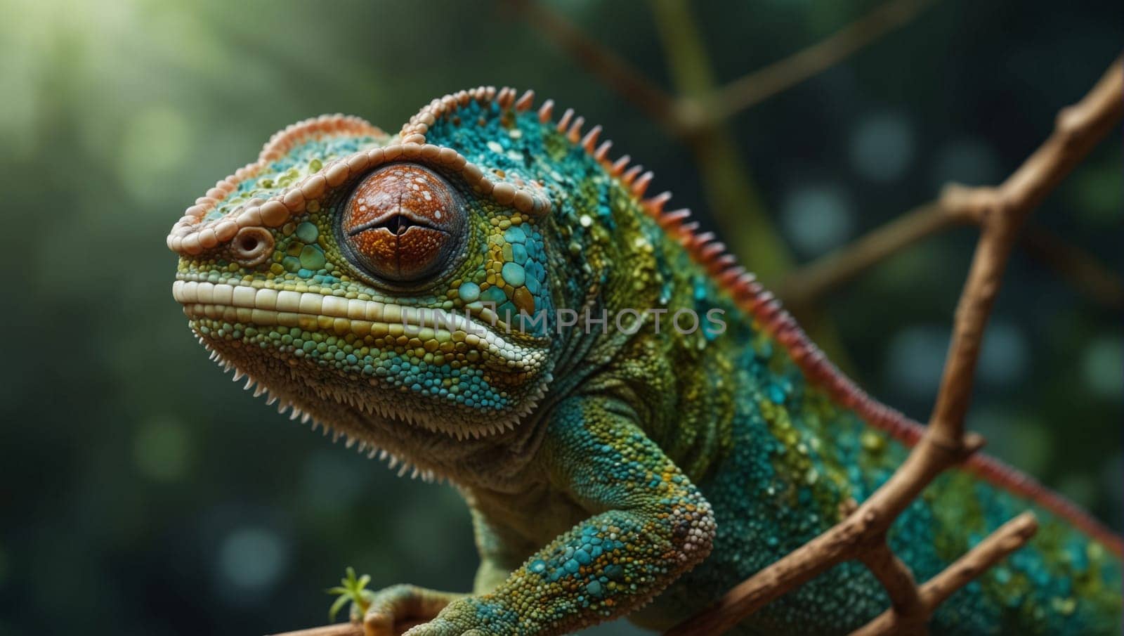 Generative AI. Chameleon with colorful multi-colored skin. Close-up
