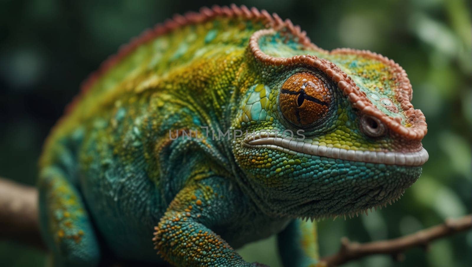 Green chameleon closeup in natural environment. Generative AI by Yurii73