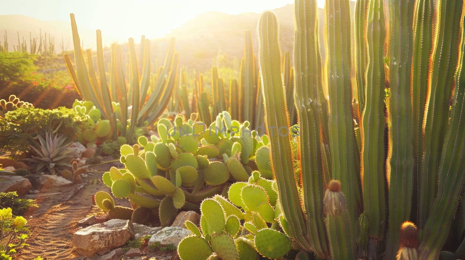This garden is home to a diverse array of cacti, showcasing the beauty of these terrestrial plants in a natural environment. Its like a living painting of vegetation in a biome AIG50