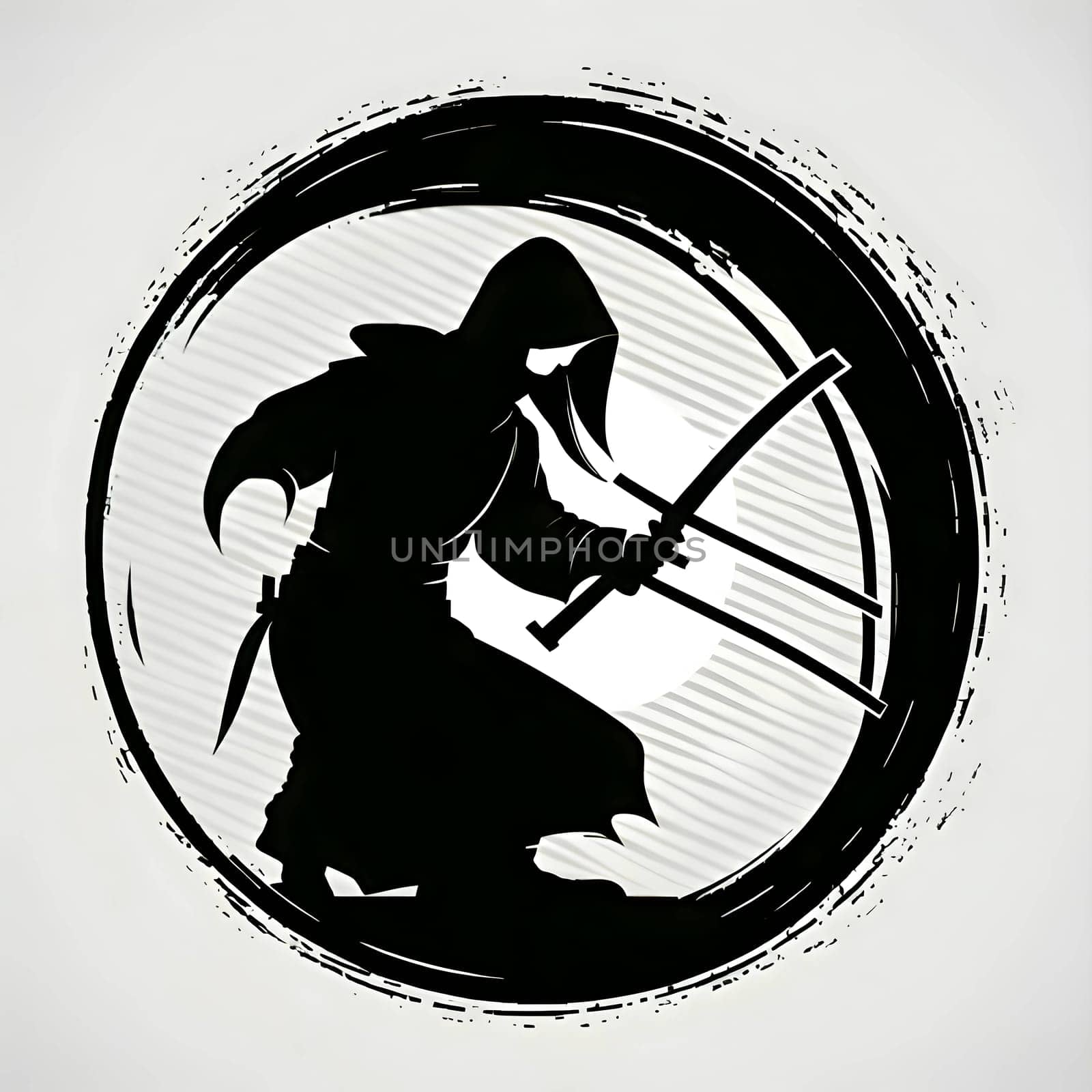 Black silhouette of samurai in a circle on white background. by ThemesS