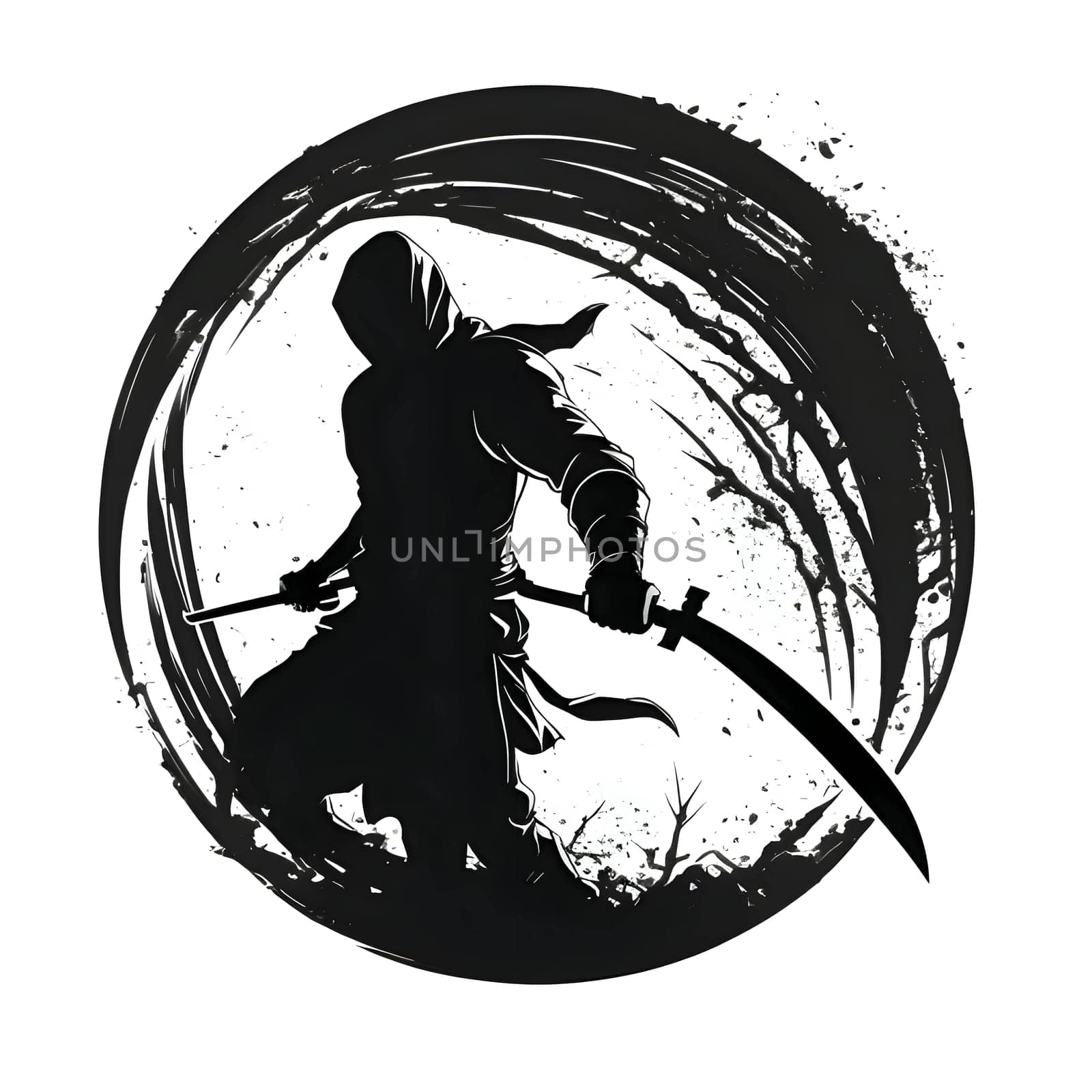 Vector illustration of samurai in a circle in black silhouette against a clean white background, capturing graceful forms.