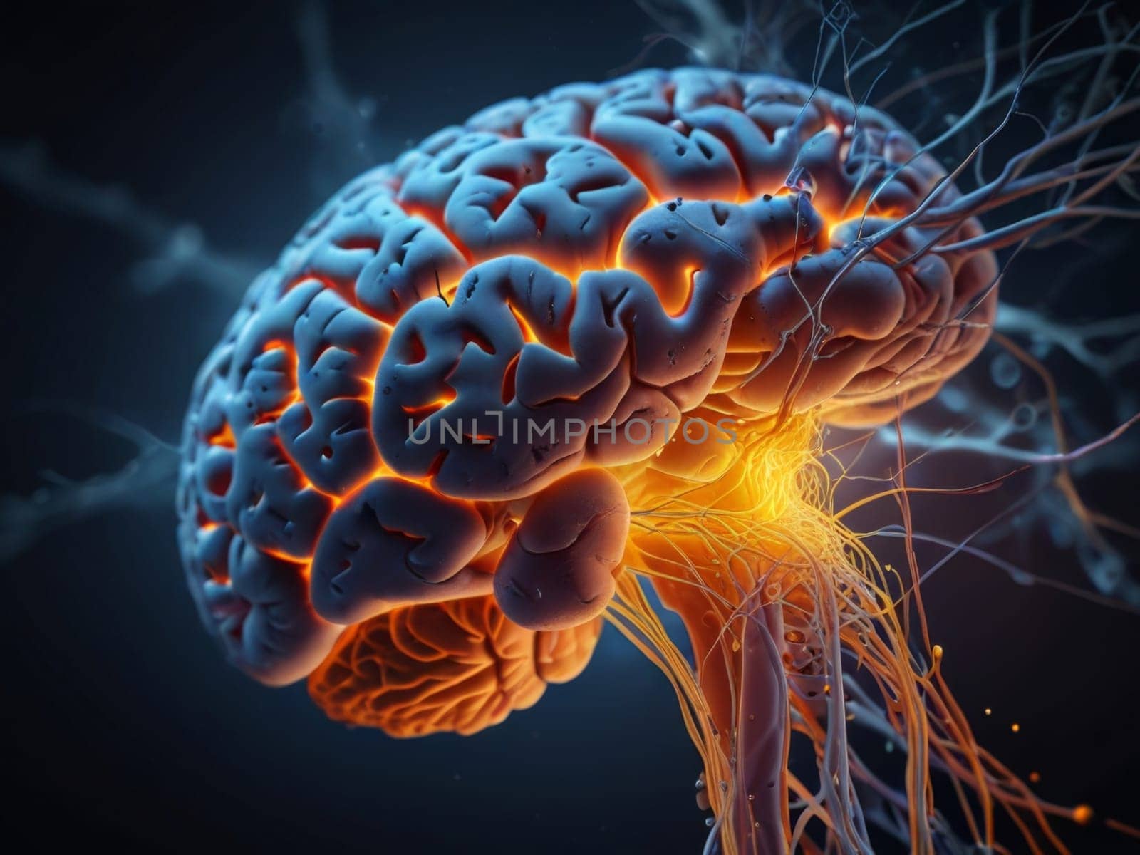 Human brain close-up showing neural pathways and neurons firing. Generative AI