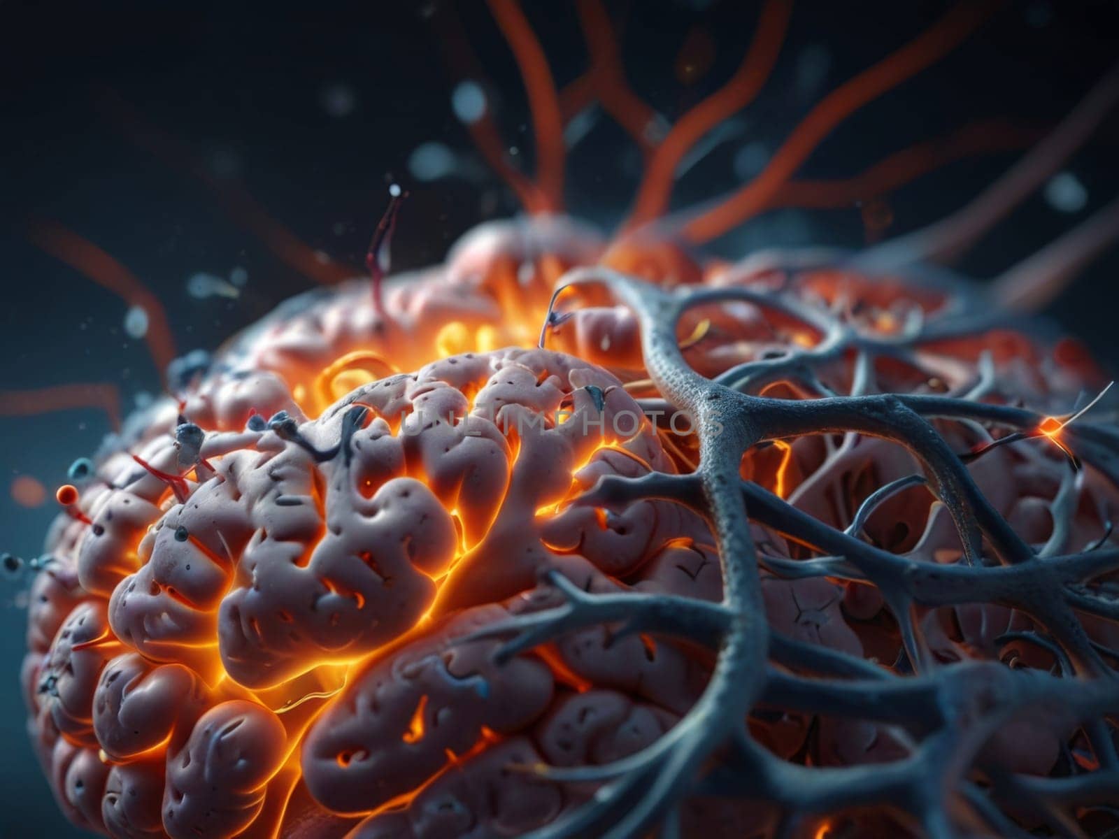 Human brain close-up showing neural pathways and neurons firing. Generative AI