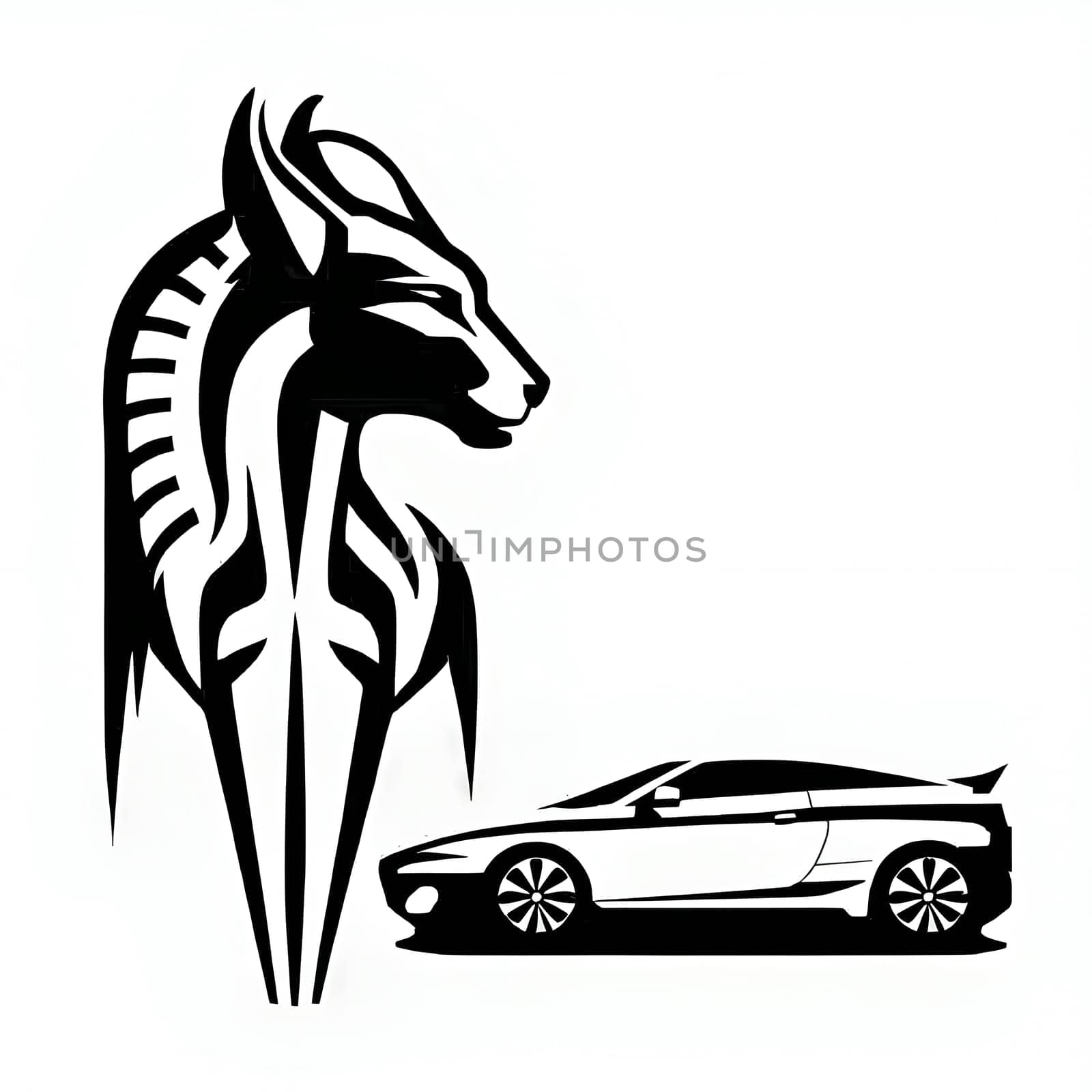 Vector illustration of horse and car in black silhouette against a clean white background, capturing graceful forms.