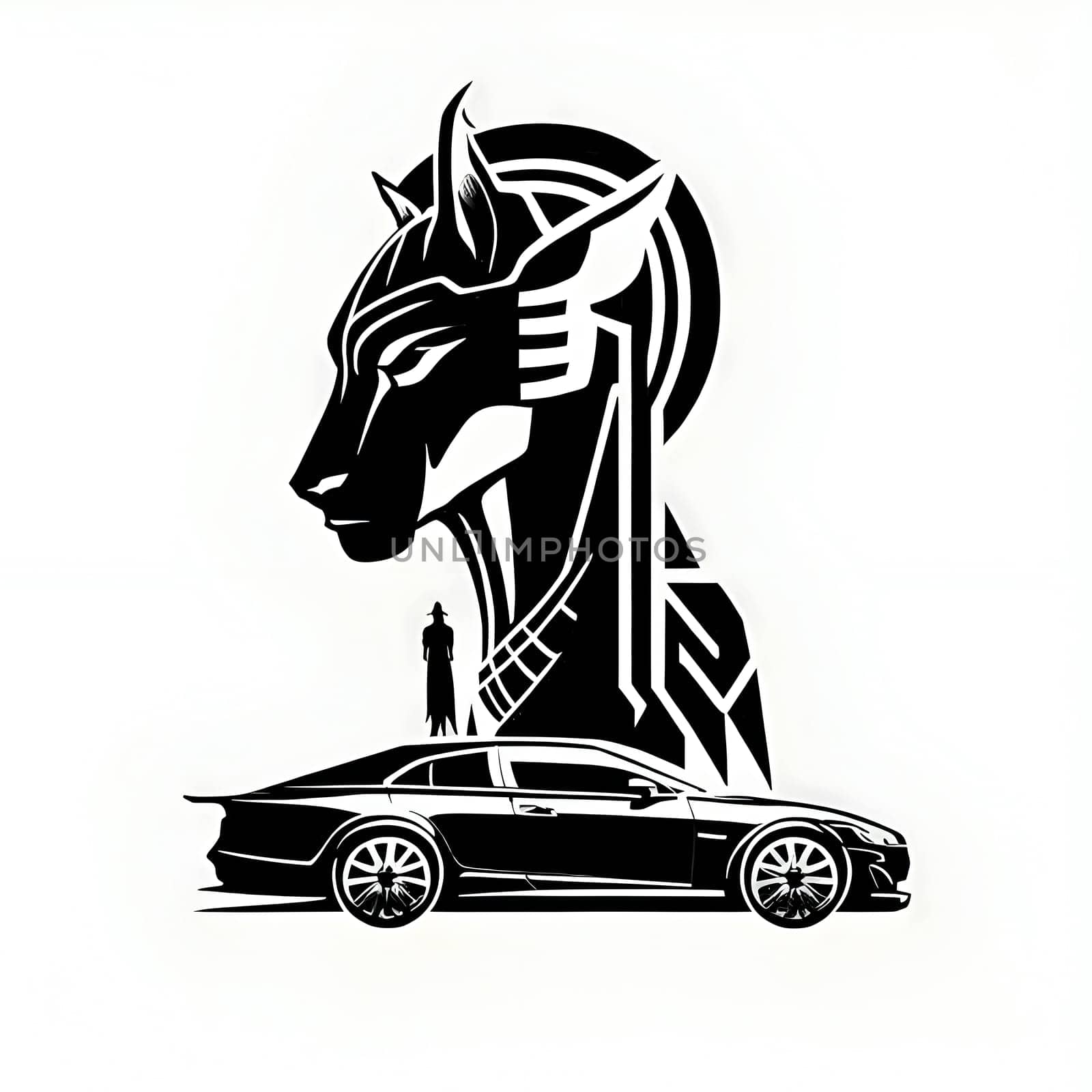 Vector illustration of horse and car in black silhouette against a clean white background, capturing graceful forms.