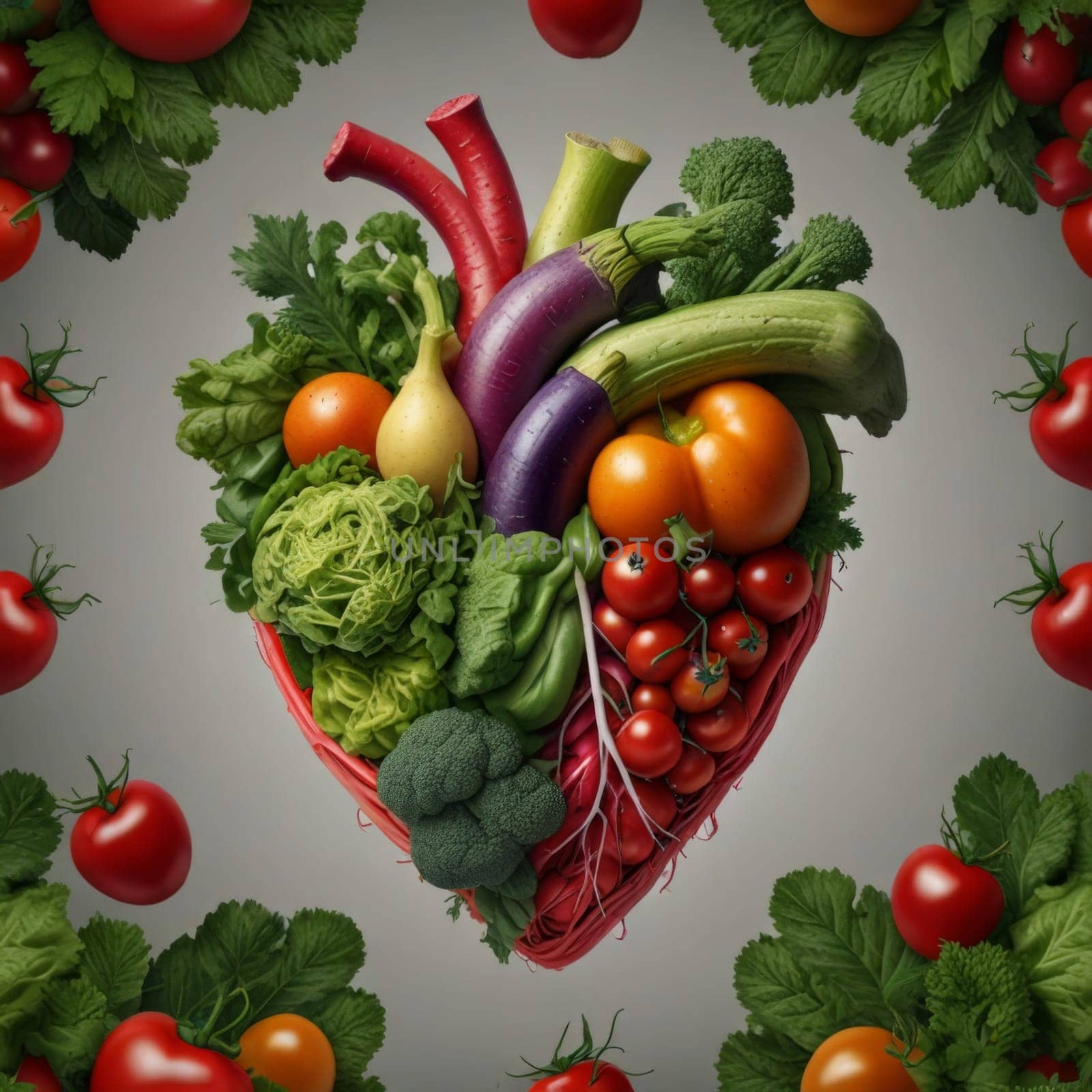 Illustration of vegetables laid out in the shape of a heart. Created using AI generation.