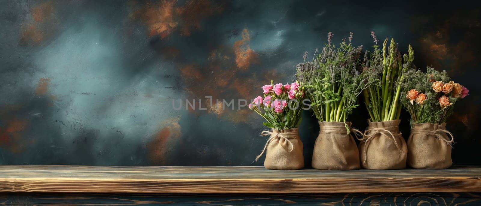 Fresh flowers in burlap on a vintage background. by Fischeron