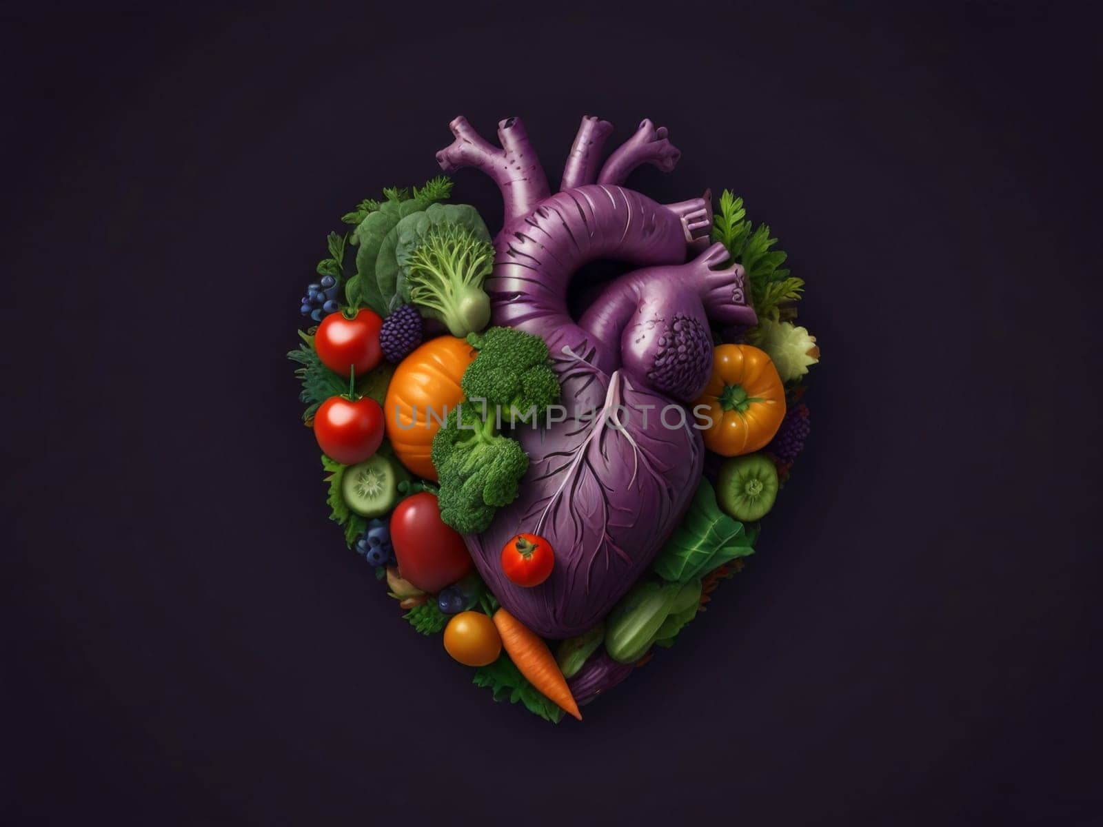 Illustration of vegetables laid out in the shape of a heart. Created using AI generation.