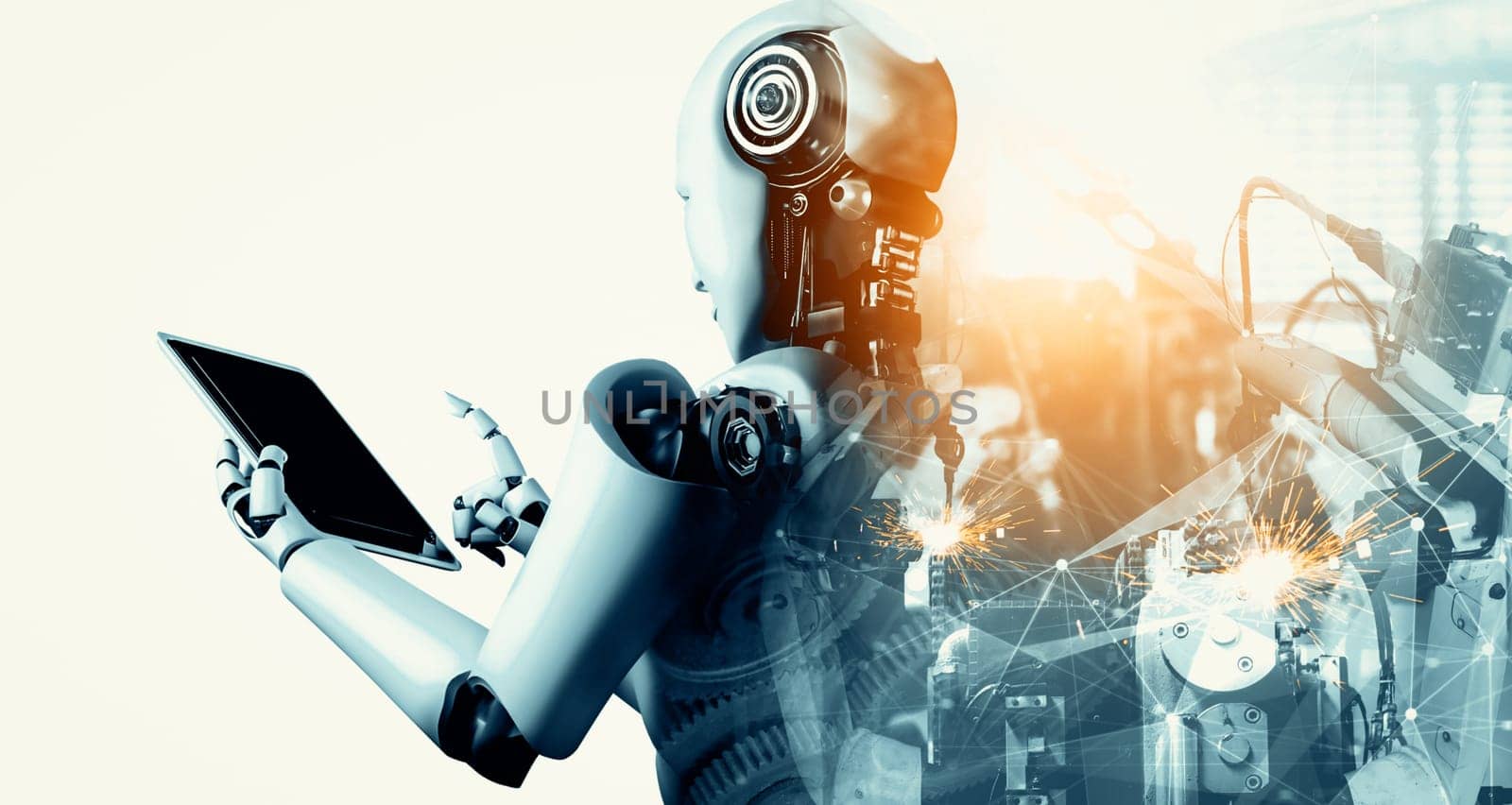 MLP Mechanized industry robot and robotic arms double exposure image. Concept of artificial intelligence for industrial revolution and automation manufacturing process in future factory.
