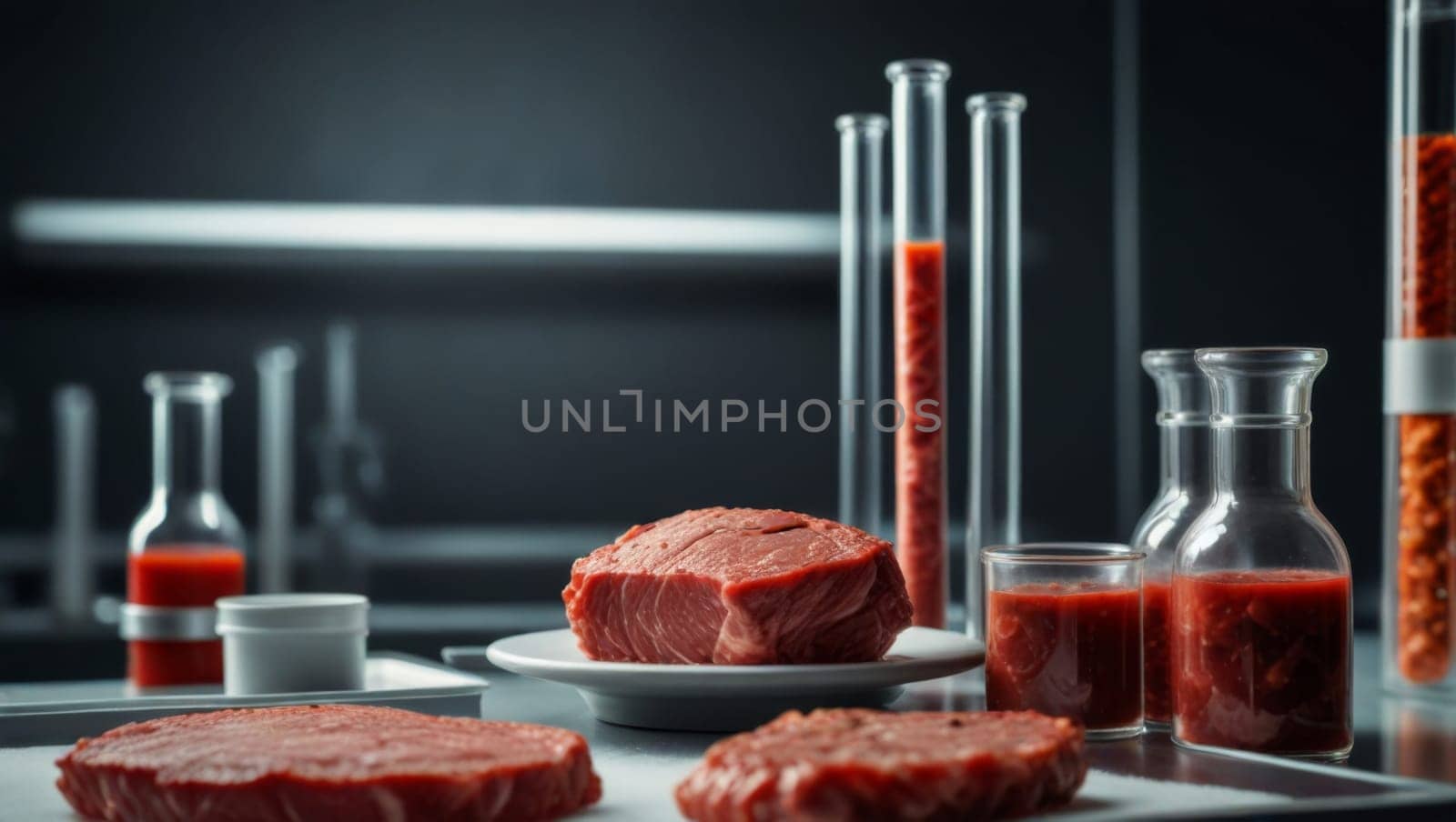 A meat product grown in a laboratory in an incubator. Protein synthesis. Generative AI