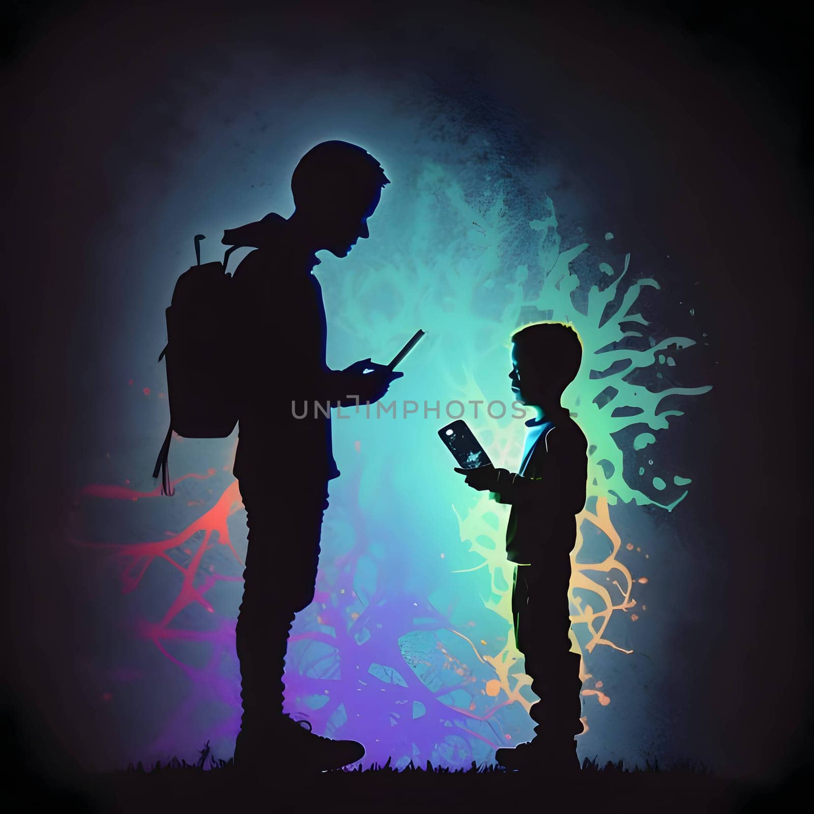 Black silhouette of a two boys on colorful background. by ThemesS